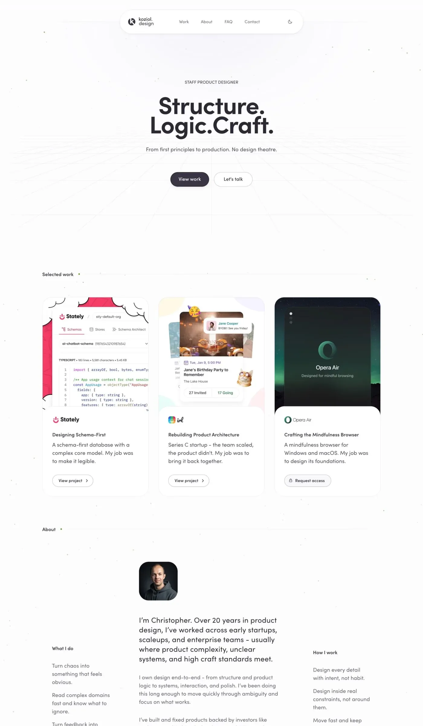 Christopher Koziol — screenshot of a minimal design portfolio site in white and light grey
