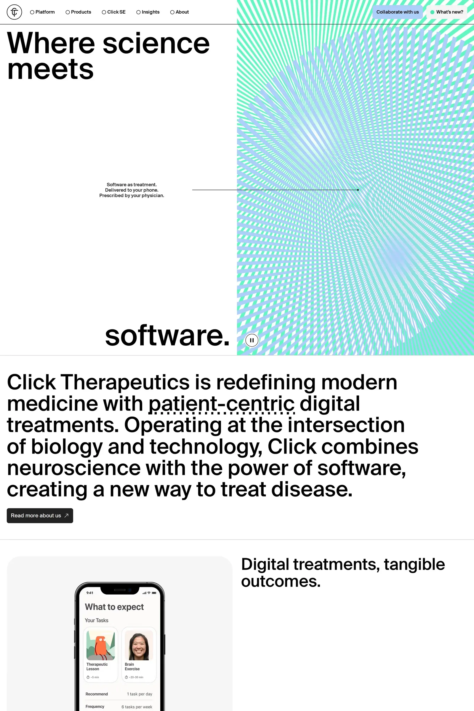 Click Therapeutics — screenshot of a science landing page in light green and light blue, with patterns and big type