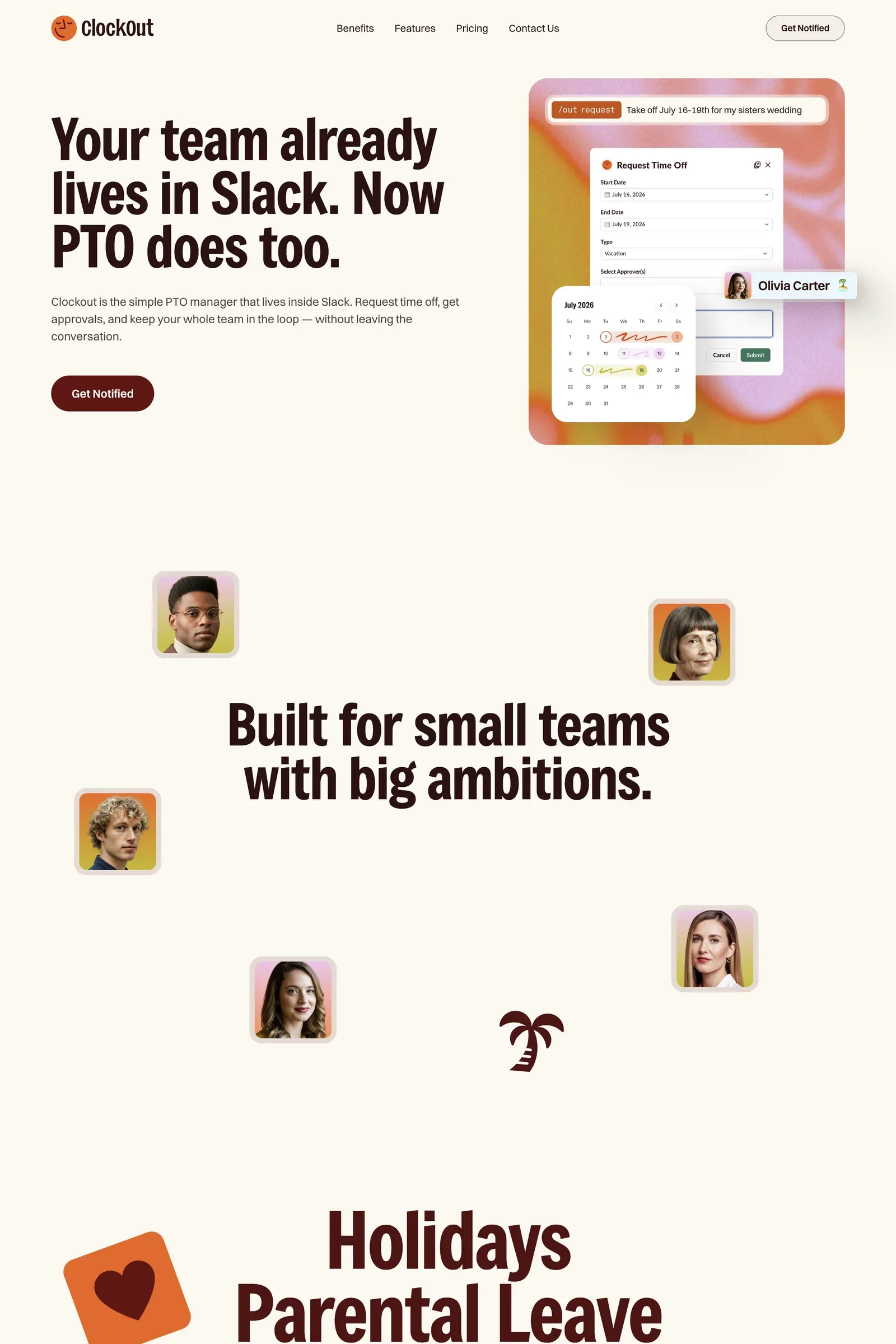 Clockout — screenshot of a fun, colourful productivity landing page in cream and pink