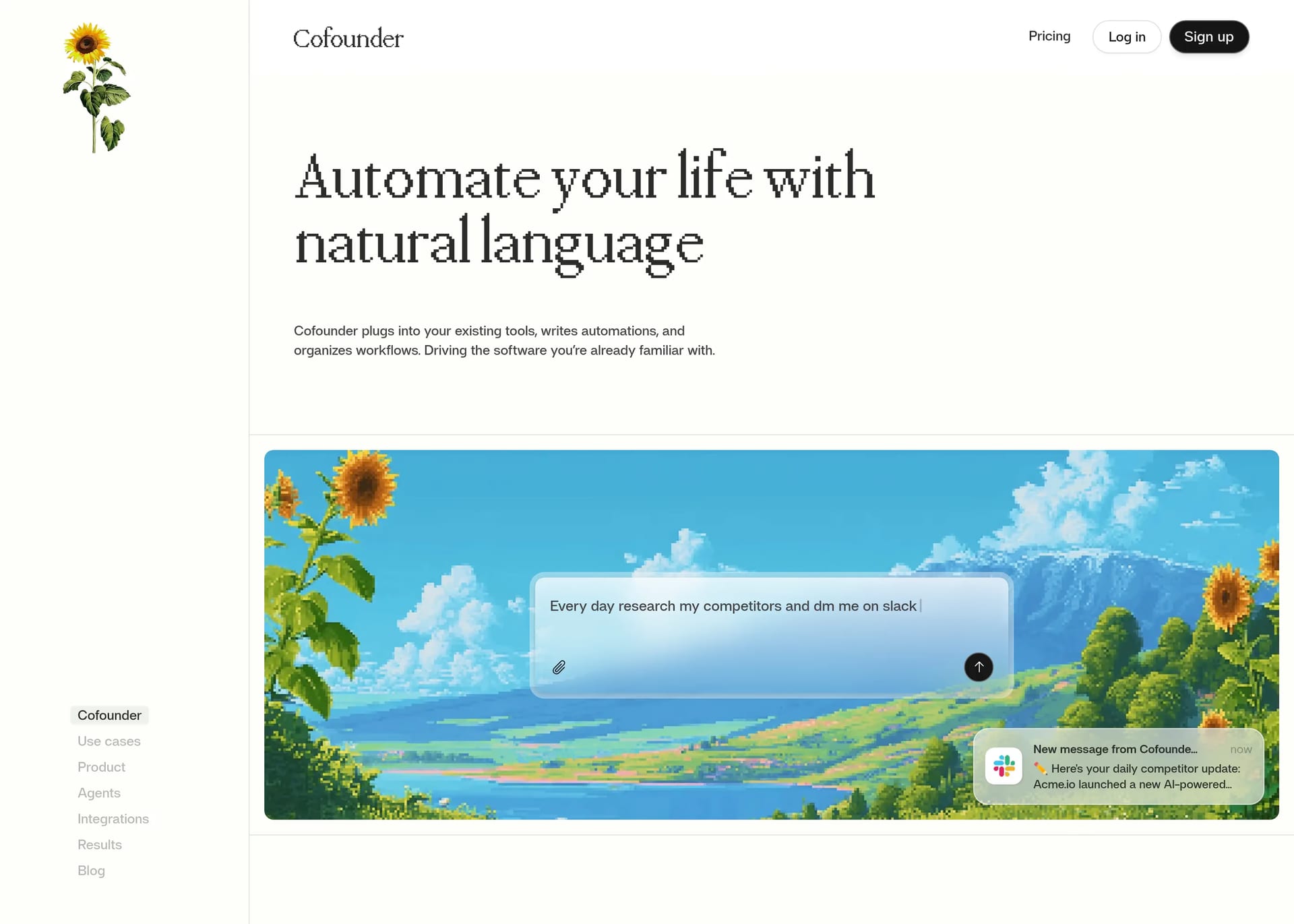 Cofounder — screenshot of a pixelated, minimal business landing page in white