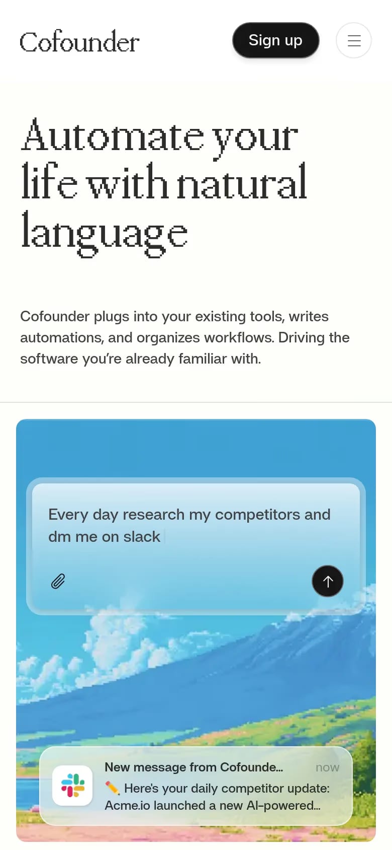 Cofounder — mobile screenshot of a pixelated, minimal business landing page in white