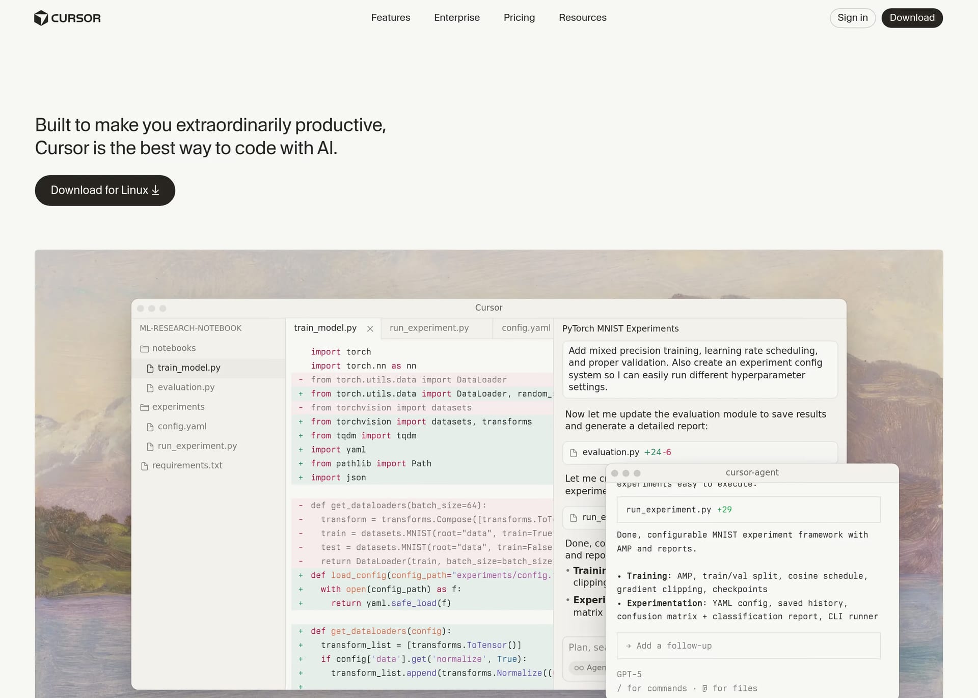 Cursor — screenshot of a minimal AI landing page in white and light grey