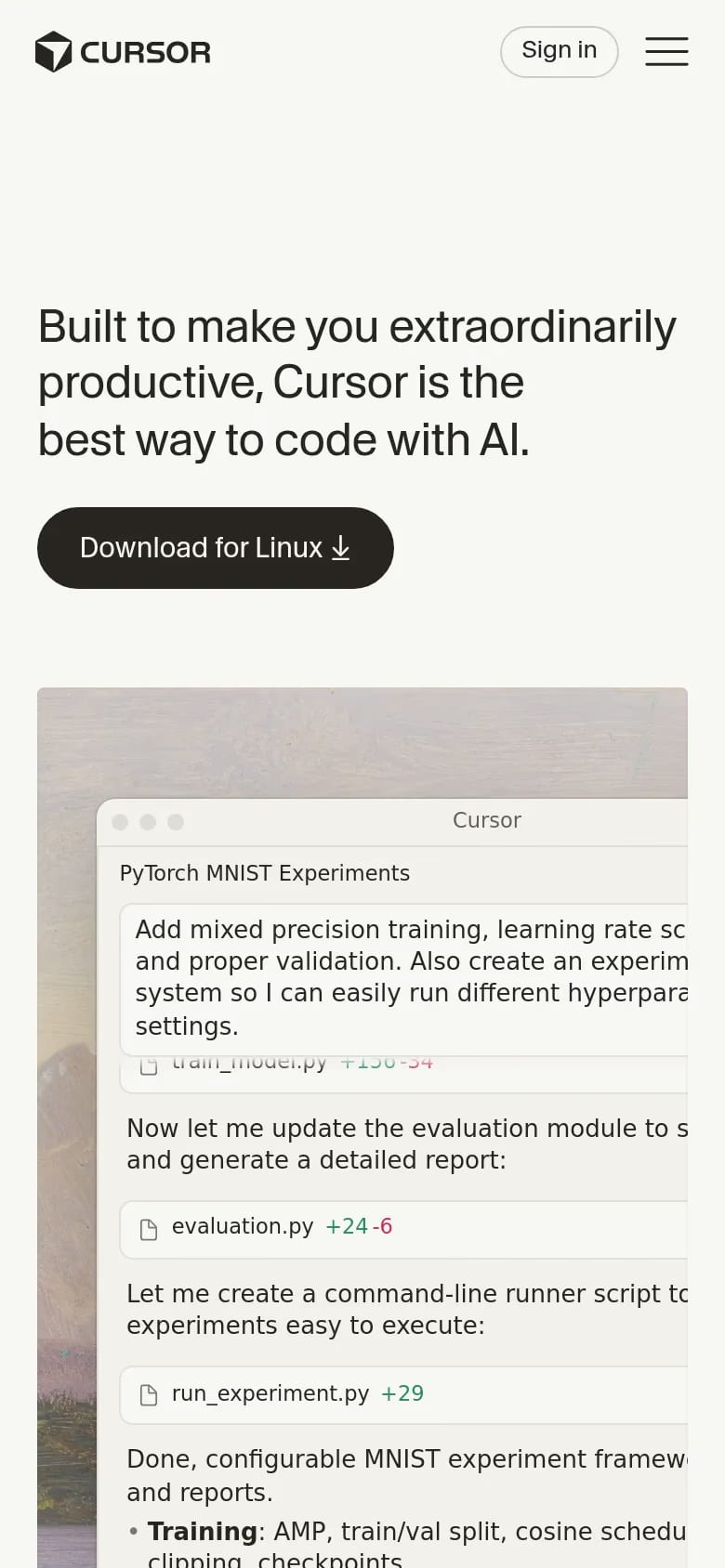 Cursor — mobile screenshot of a minimal AI landing page in white and light grey