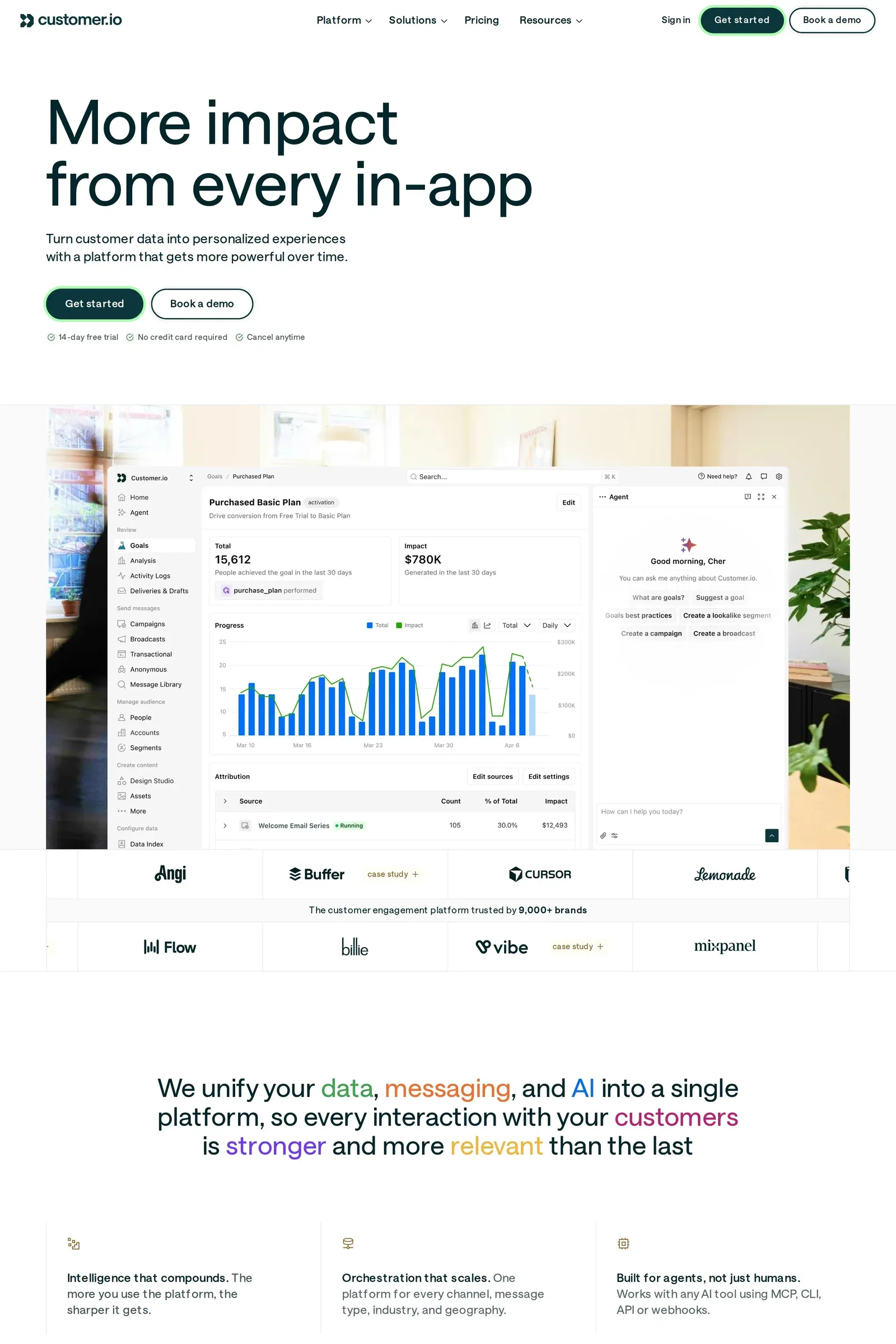 Customer.io — screenshot of a marketing landing page in white and light grey, with line work and photography