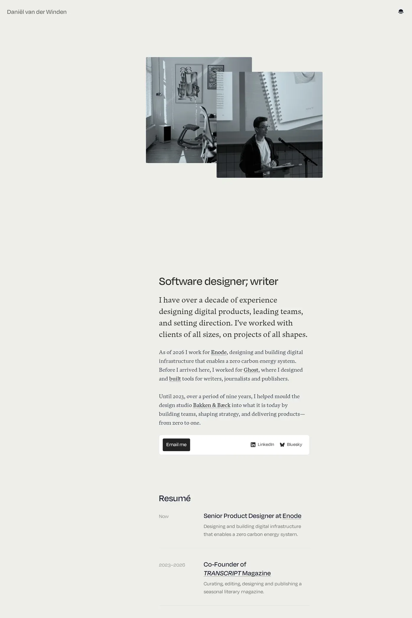 Daniël van der Winden — screenshot of a minimal, light design portfolio site in white and black