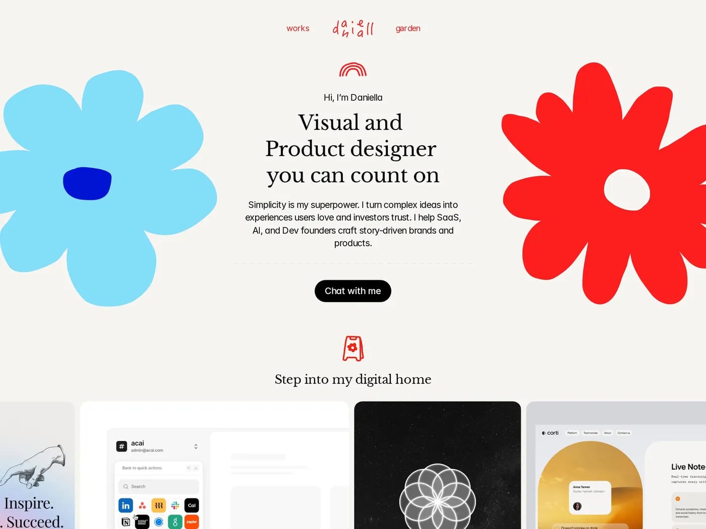 Daniella Marynova — screenshot of a fun, colourful design portfolio site in light grey and red