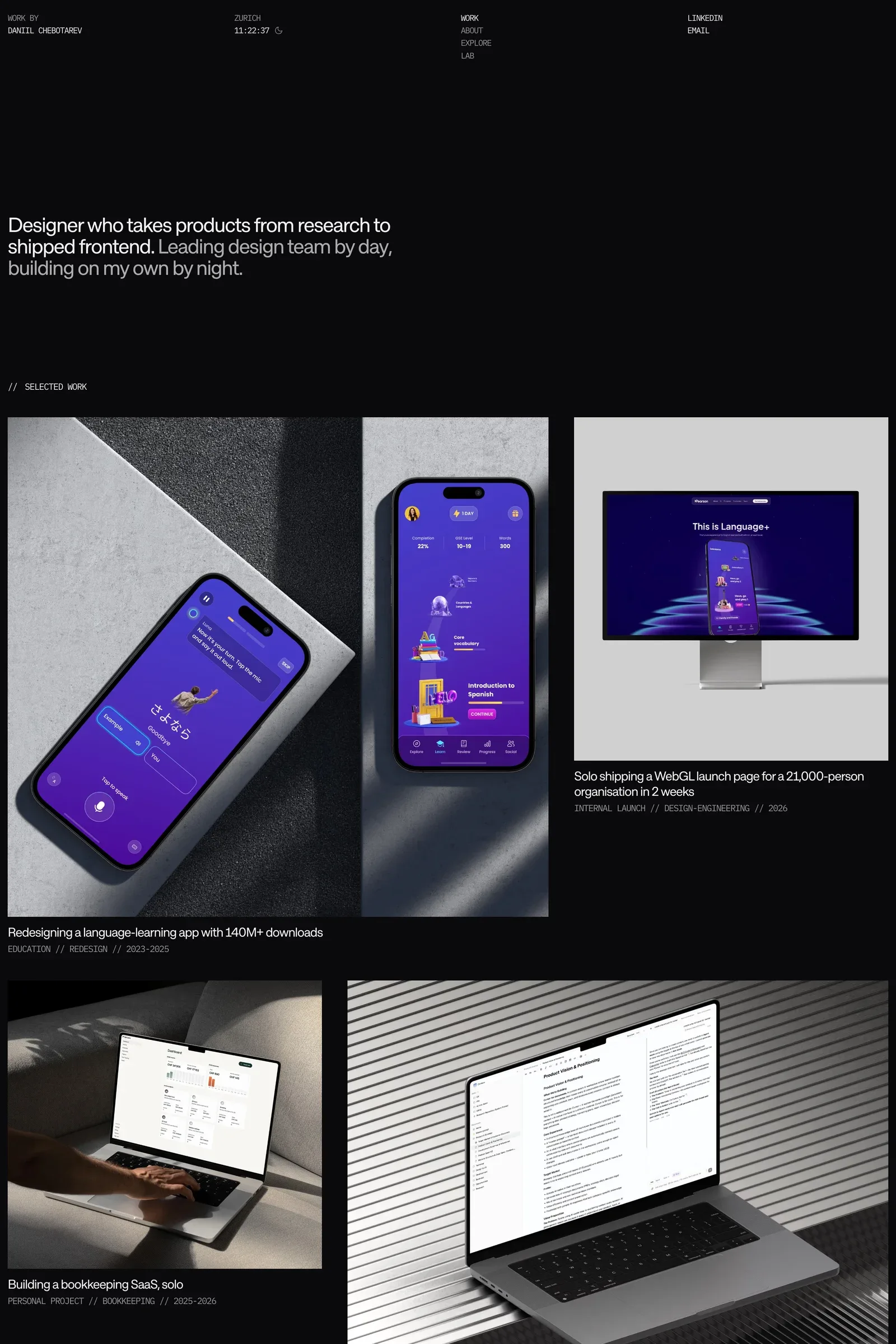 Daniil Chebotarev — screenshot of a dark, typographic design portfolio site in black and grey