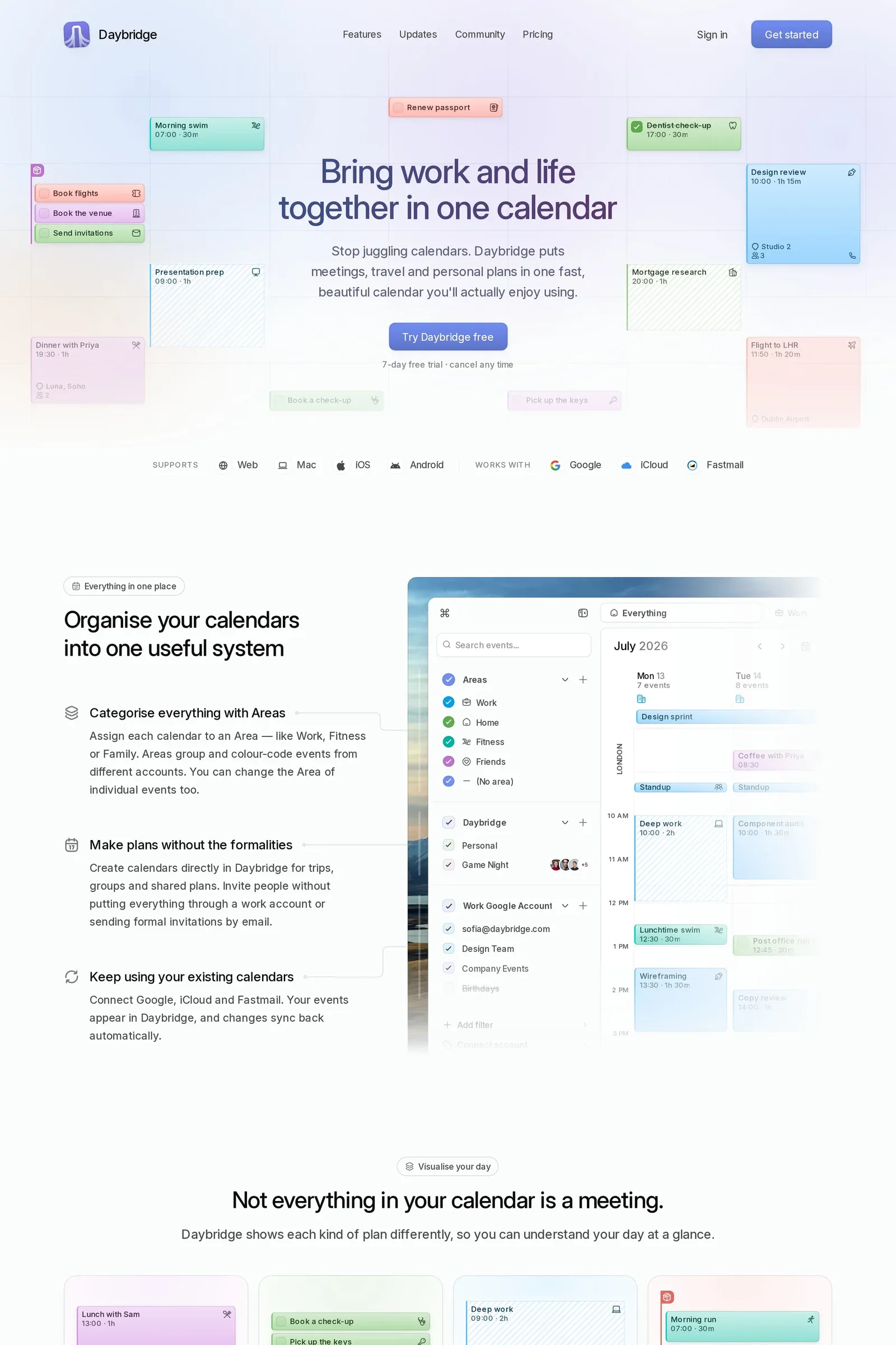 Daybridge — screenshot of a pastel, multi-coloured productivity landing page in light blue and light purple