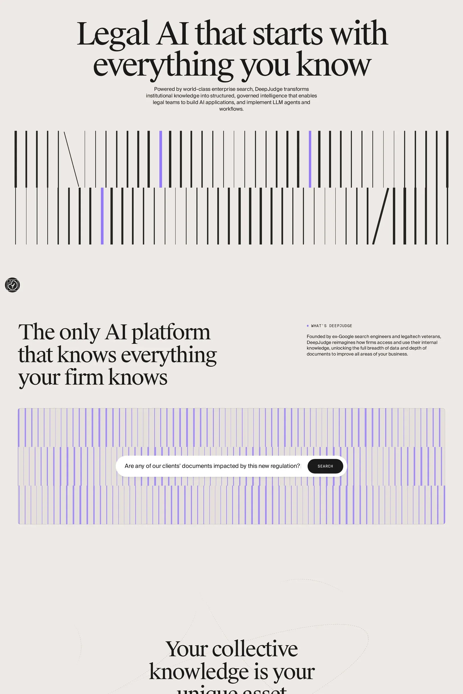 DeepJudge — screenshot of an AI landing page in grey and purple, with serif type and patterns
