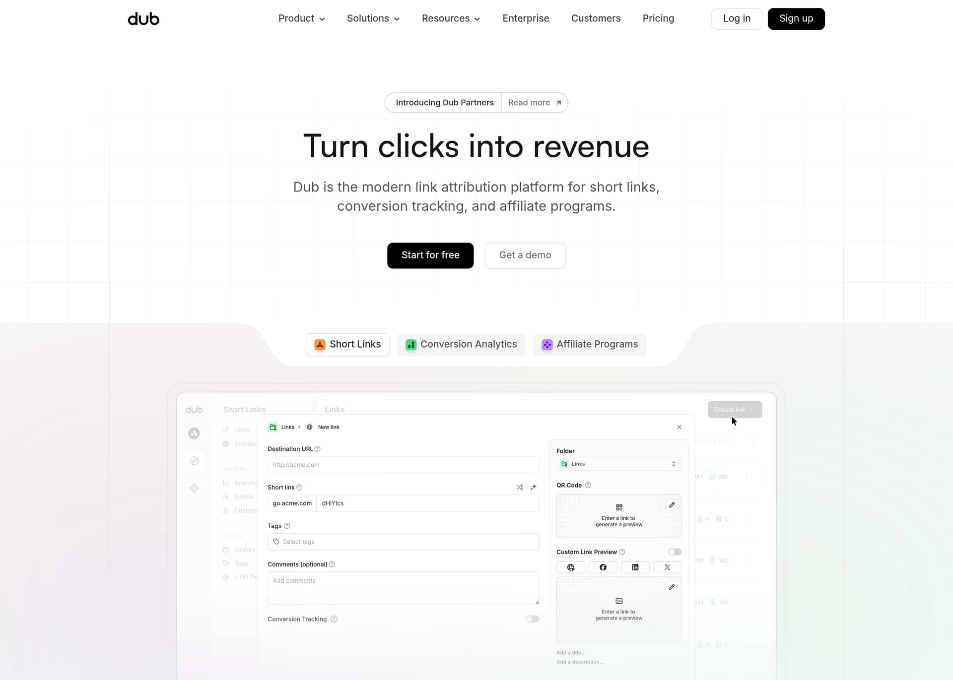 Dub — screenshot of a clean, bright marketing landing page in white and light grey