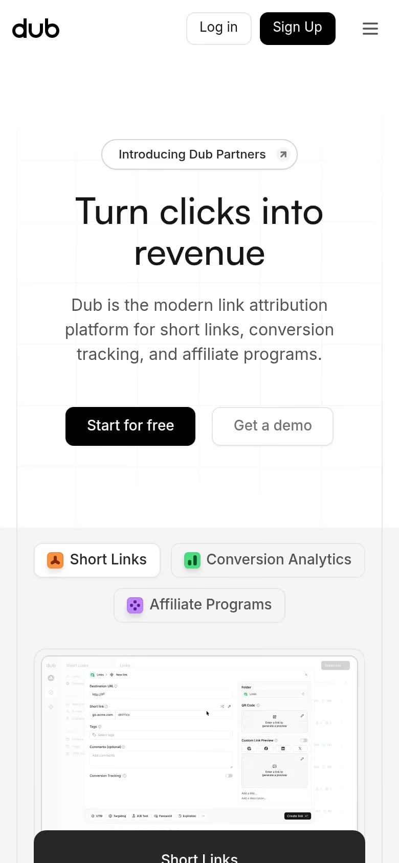 Dub — mobile screenshot of a clean, bright marketing landing page in white and light grey