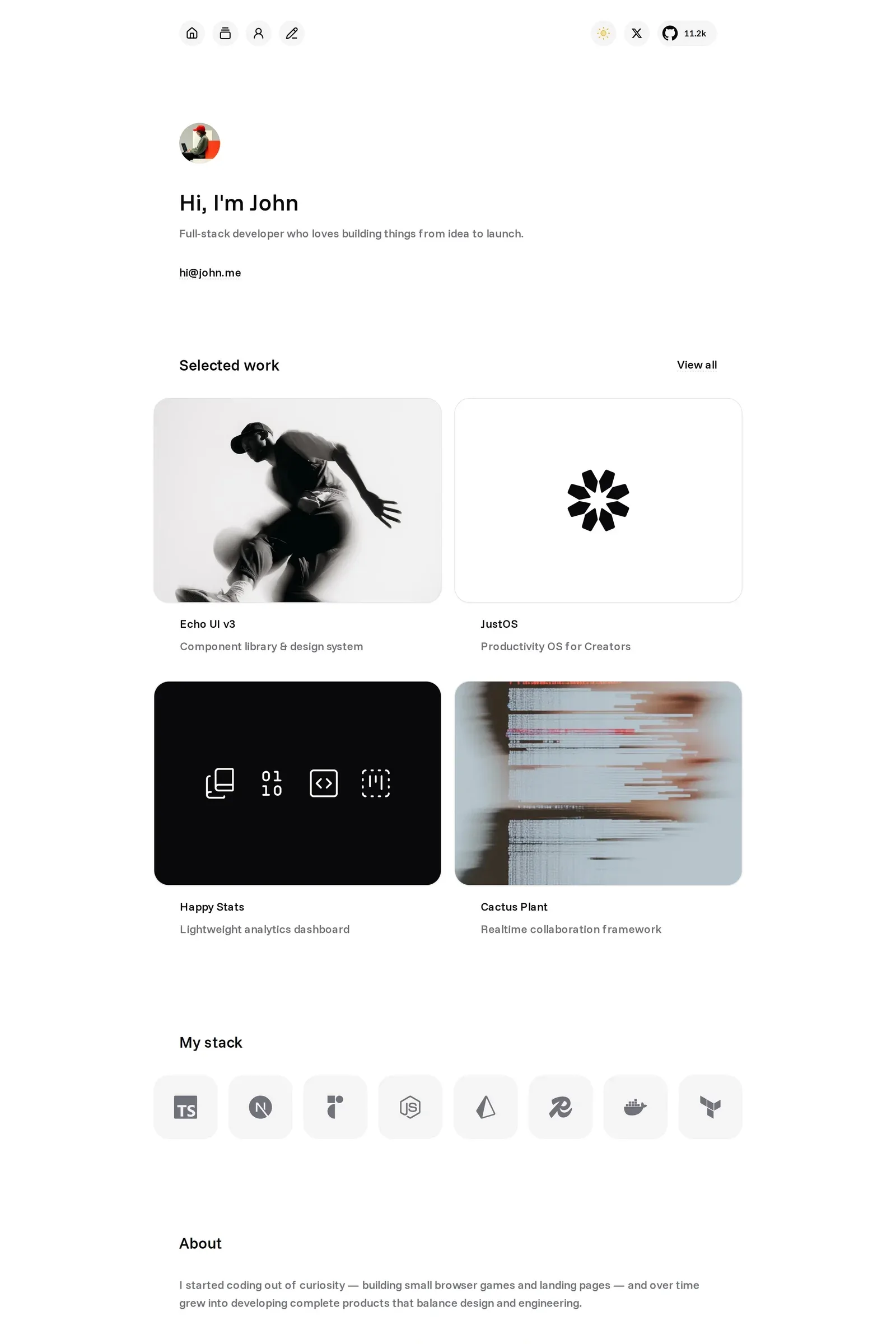Echo — screenshot of a minimal, light development website template in white and light grey