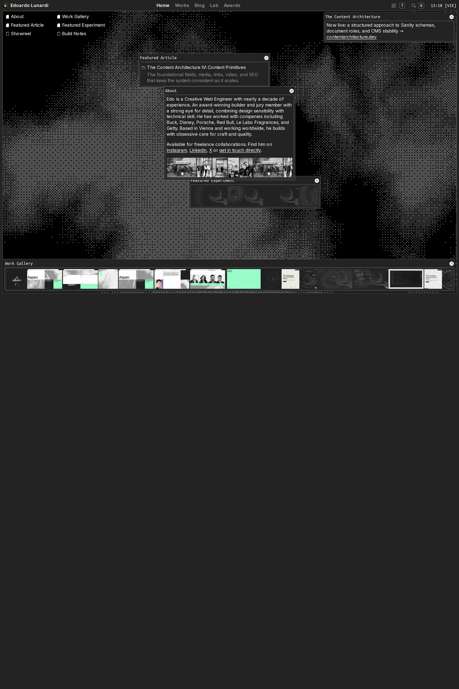Edoardo Lunardi — screenshot of a dark, experimental development portfolio site in black and red