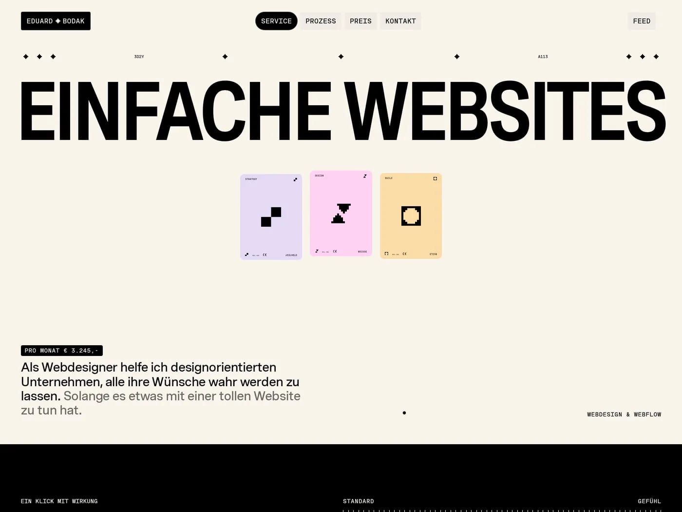 Eduard Bodak — screenshot of a design portfolio site in beige and yellow, with monospaced type and sans-serif type