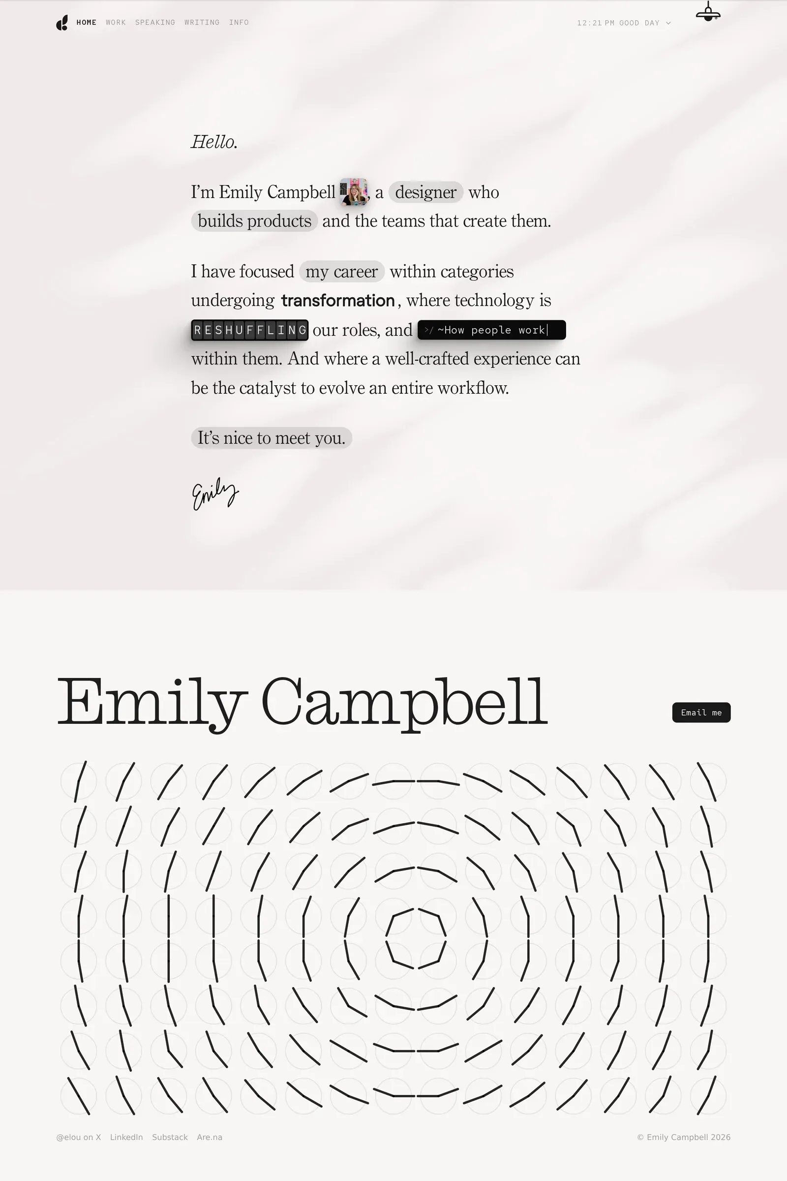 Emily Campbell — screenshot of a minimal, light design portfolio site in white and light orange