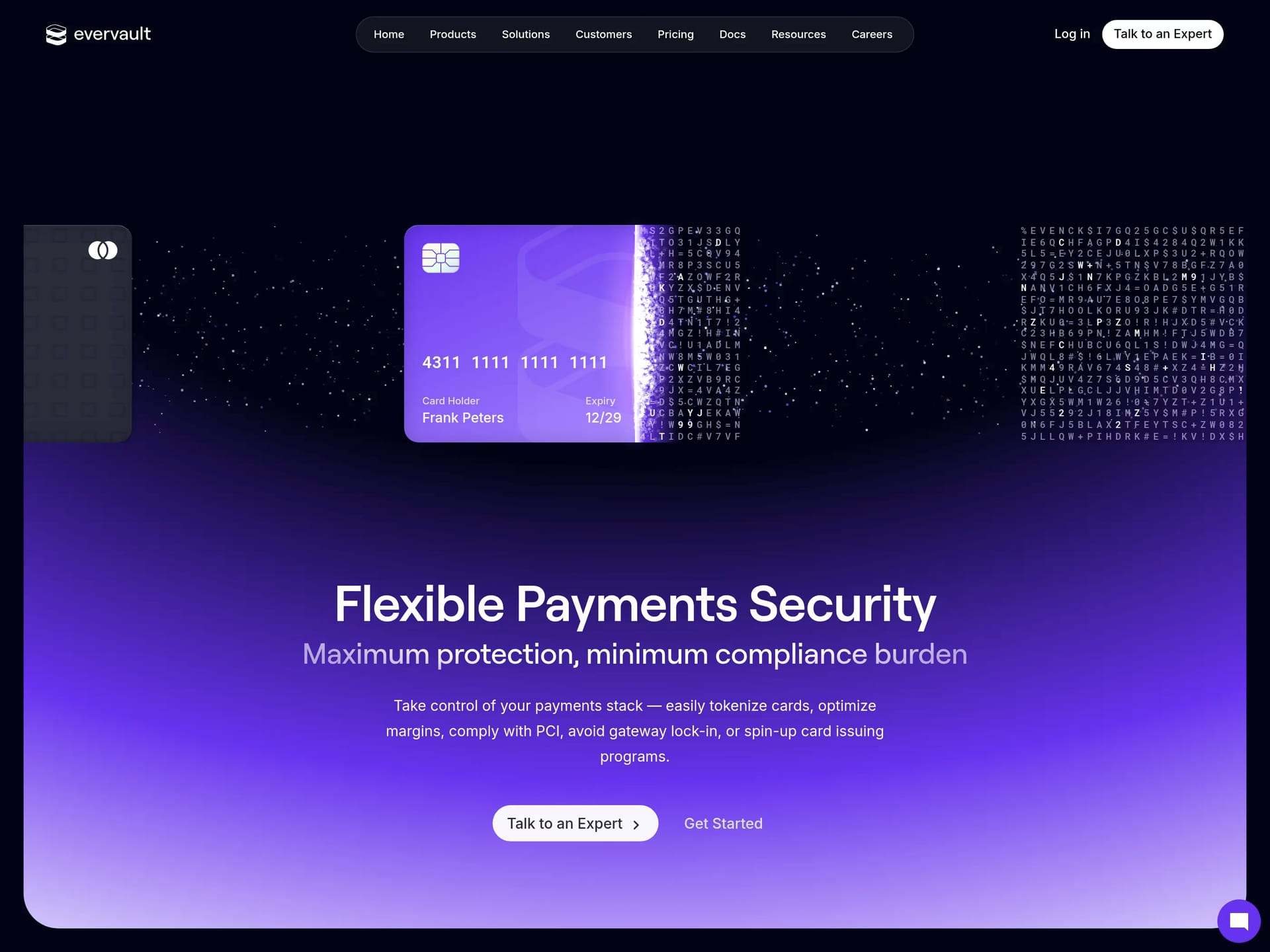 Evervault — screenshot of a clean, detailed security landing page in purple and blue
