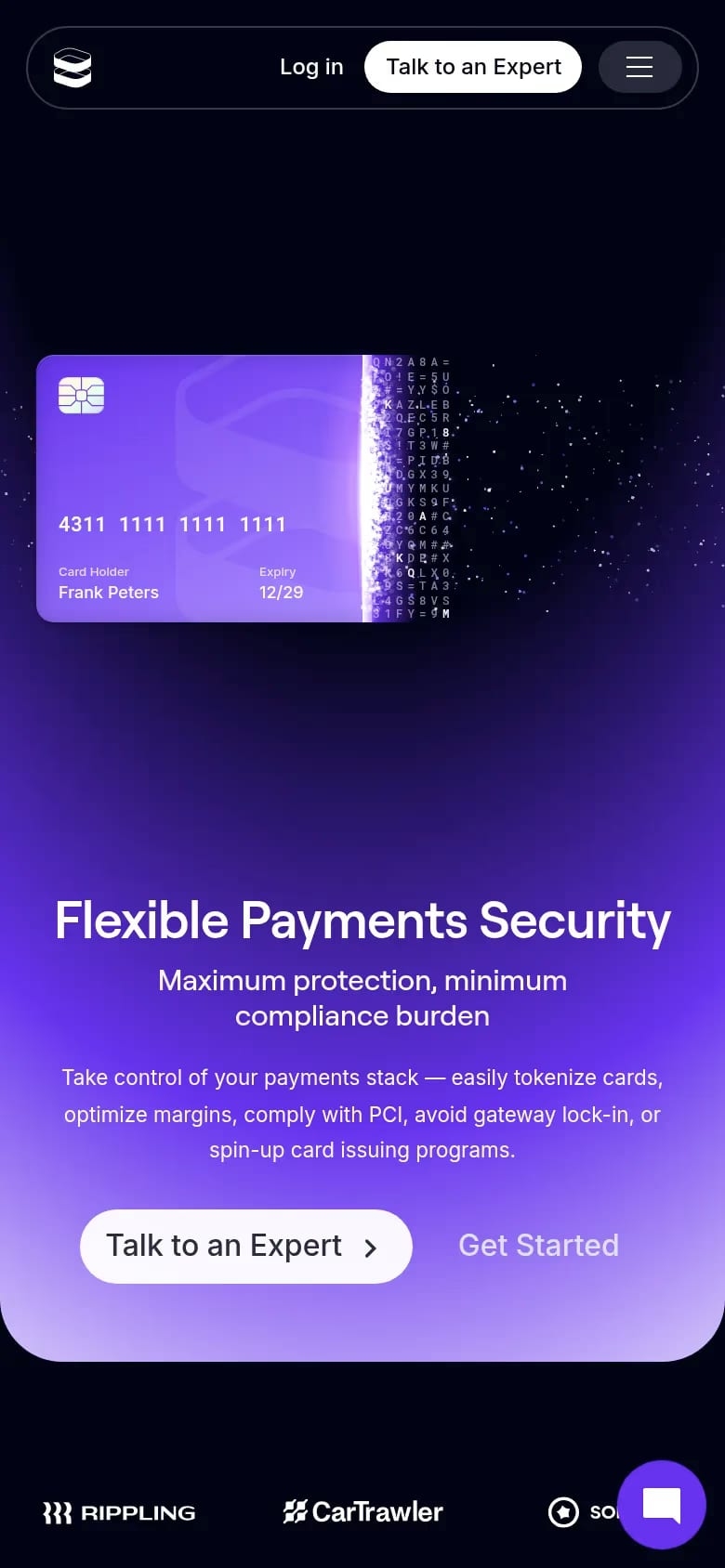 Evervault — mobile screenshot of a clean, detailed security landing page in purple and blue