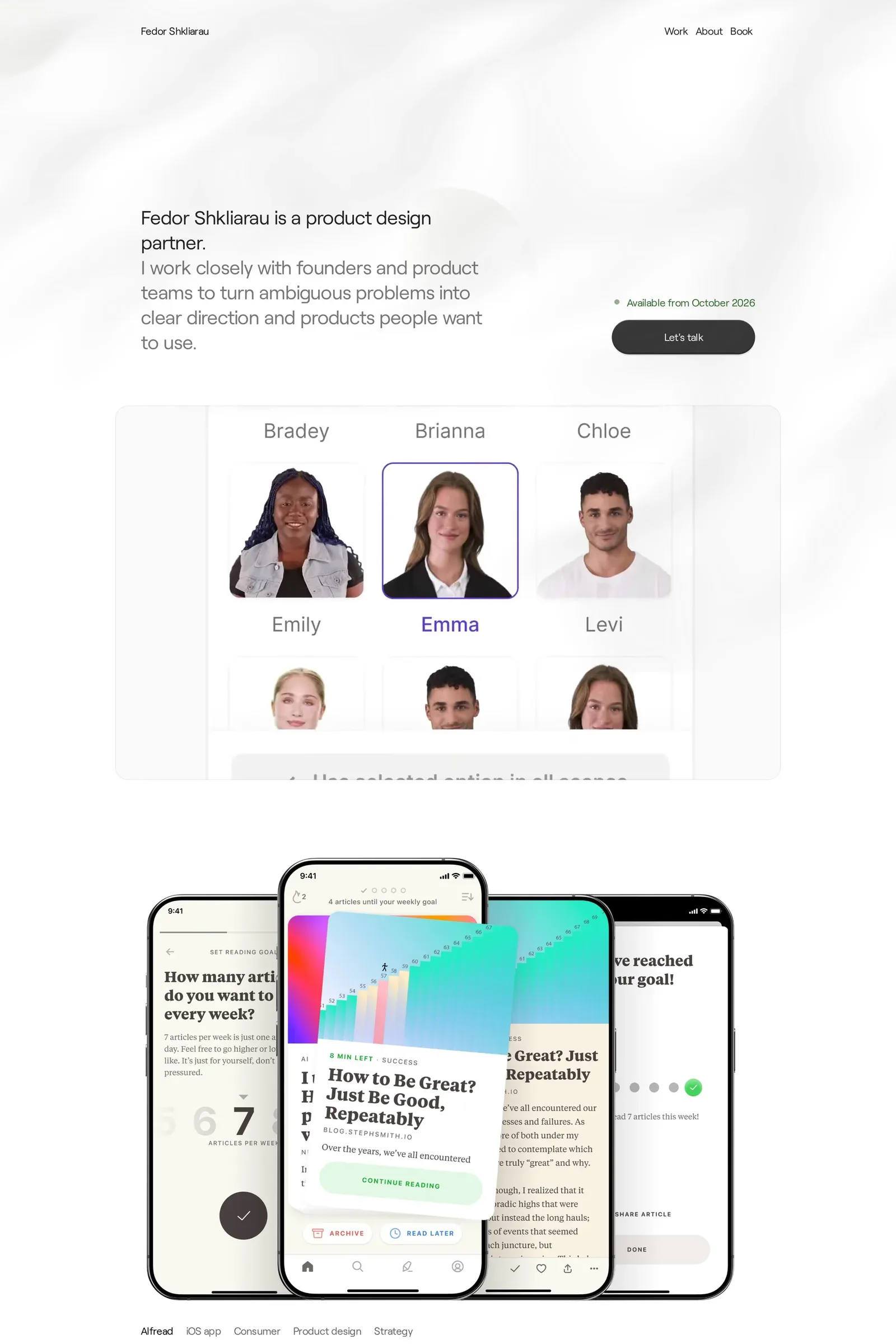 Fedor Shkliarau — screenshot of a light, minimal design portfolio site in white and light grey