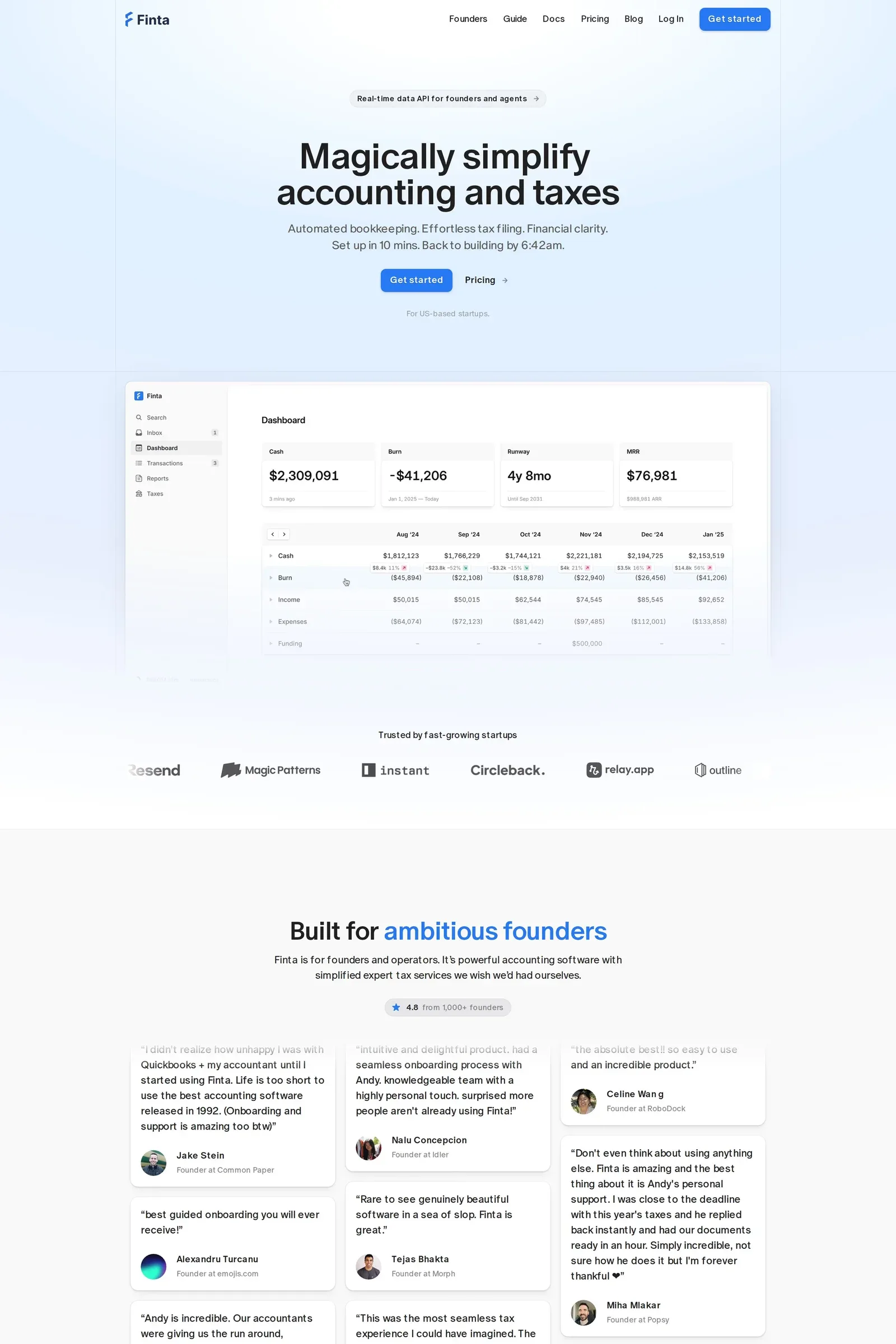Finta — screenshot of a minimal, light business landing page in light blue and blue