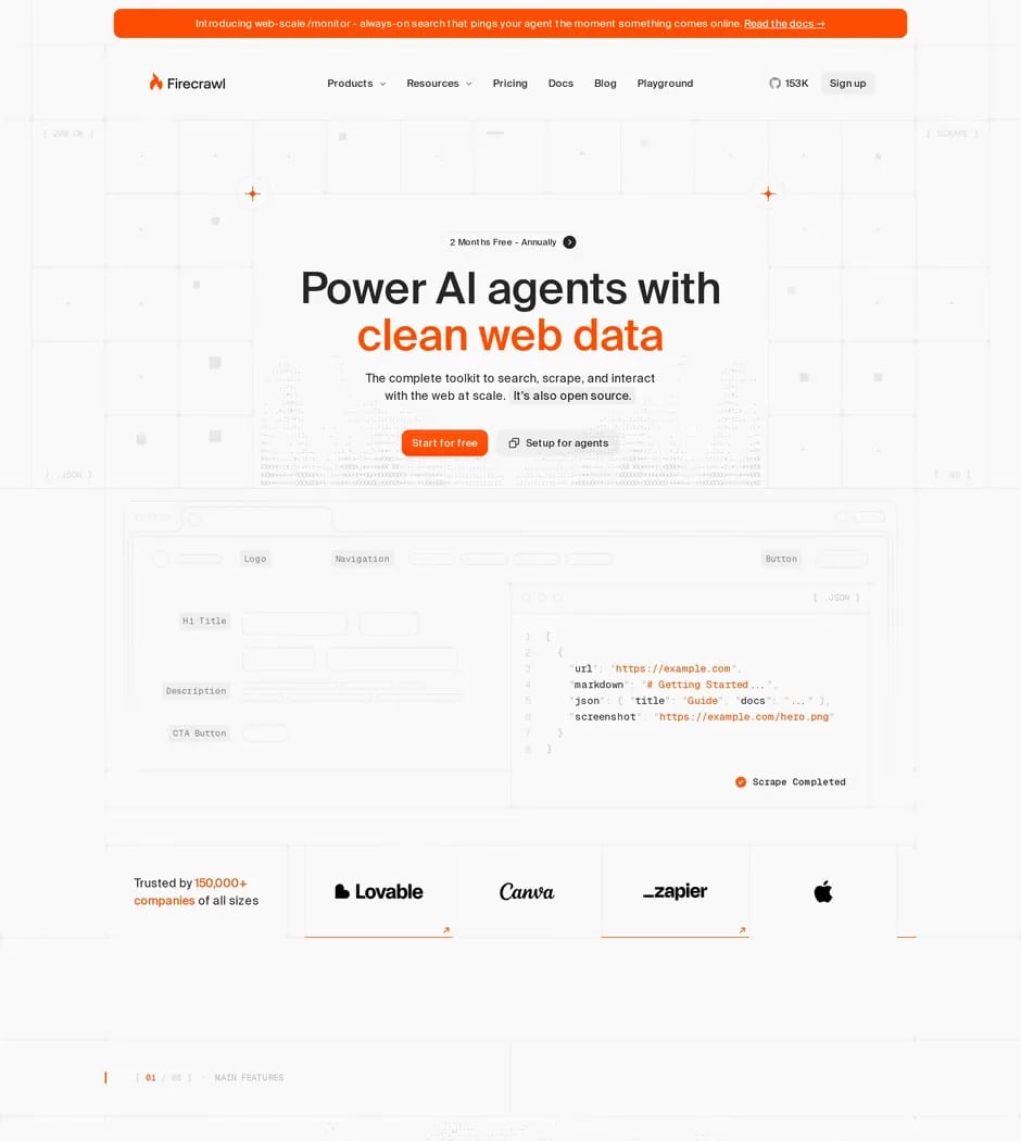 Firecrawl — screenshot of a detailed, techy development landing page in light grey and white