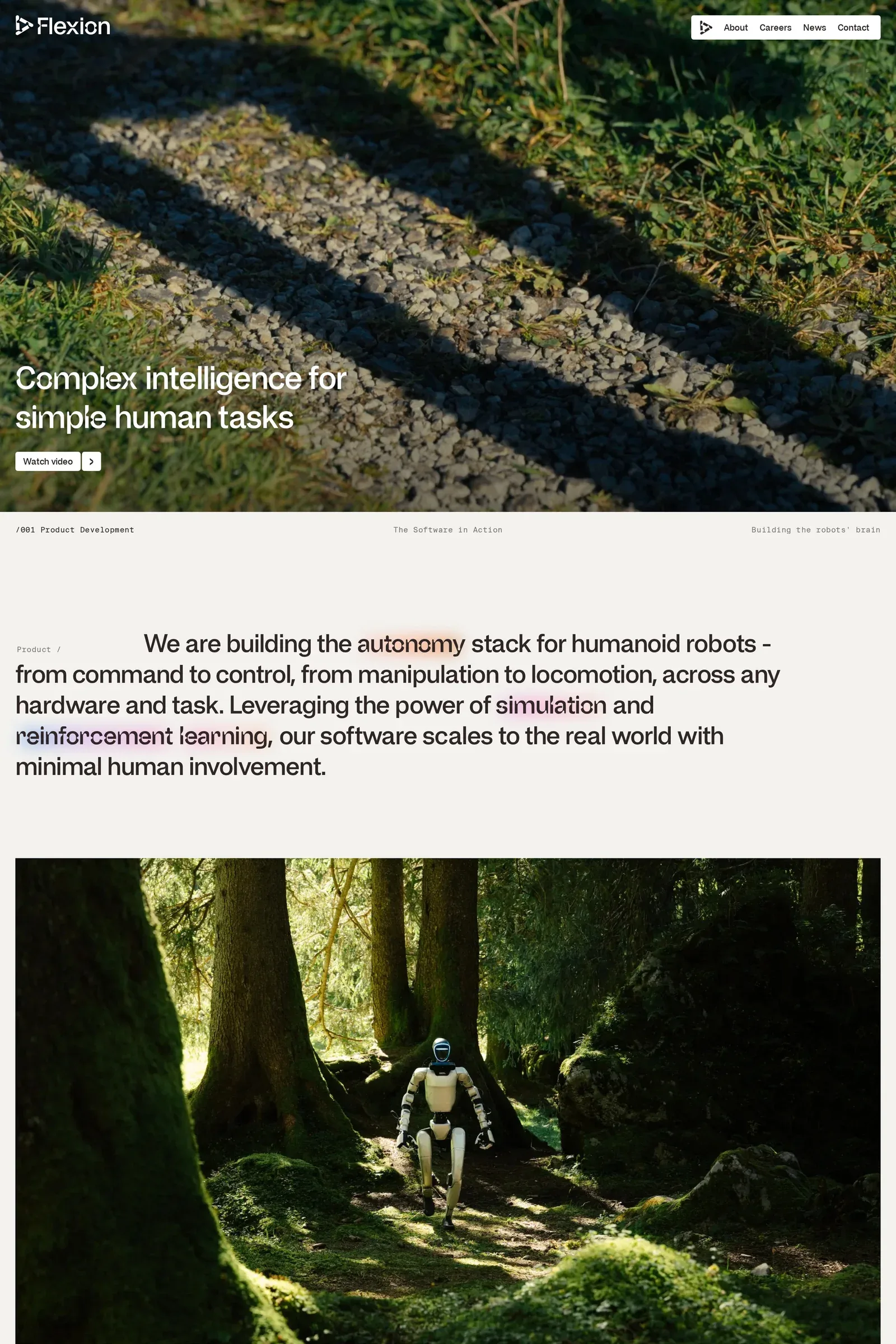 Flexion Robotics — screenshot of a hardware landing page in dark green and white, with photography and glow effects