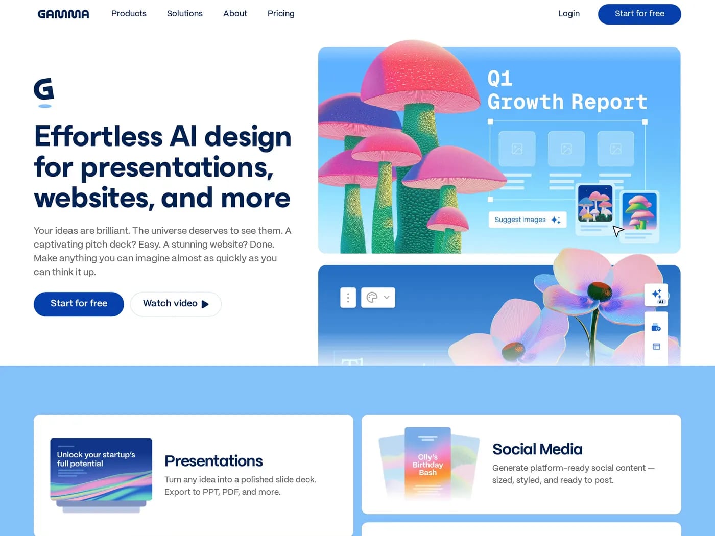 Gamma — screenshot of a productivity landing page in light blue and white, with illustration and patterns