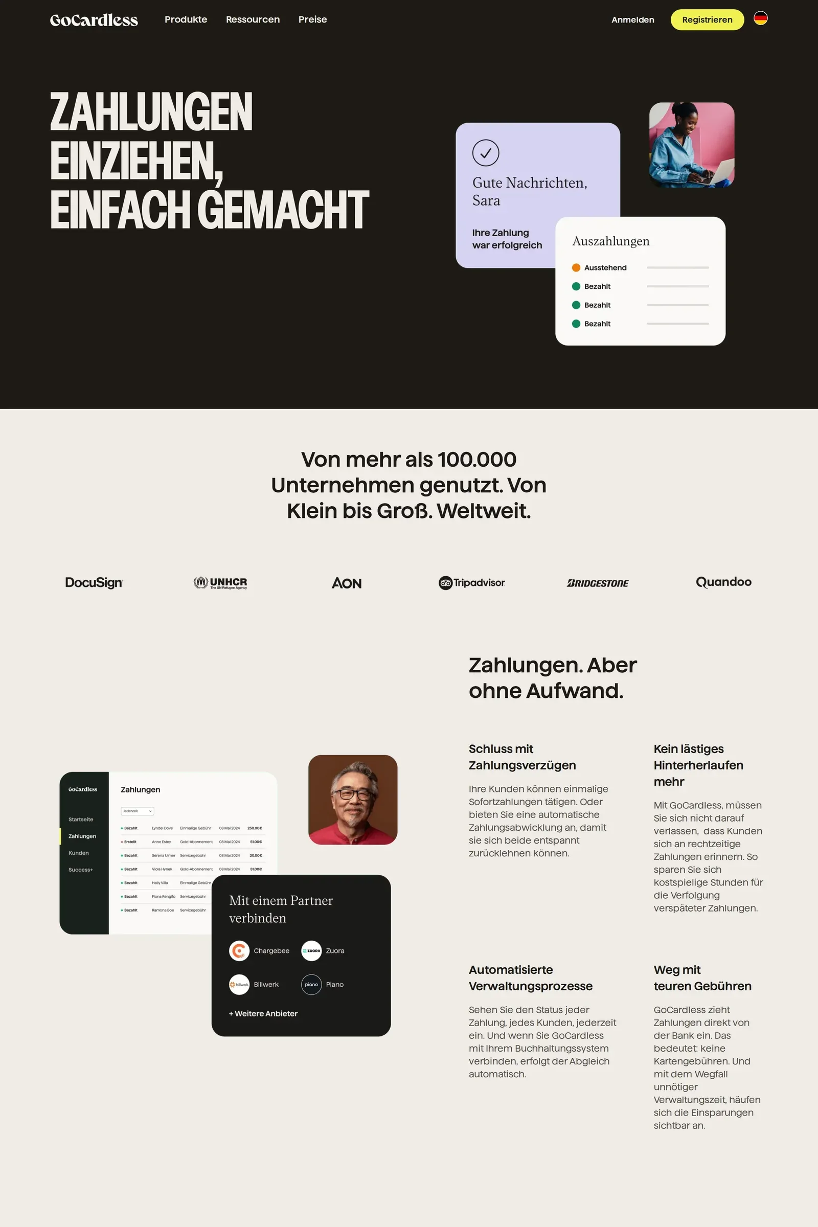 GoCardless — screenshot of a minimal finance landing page in black and light grey