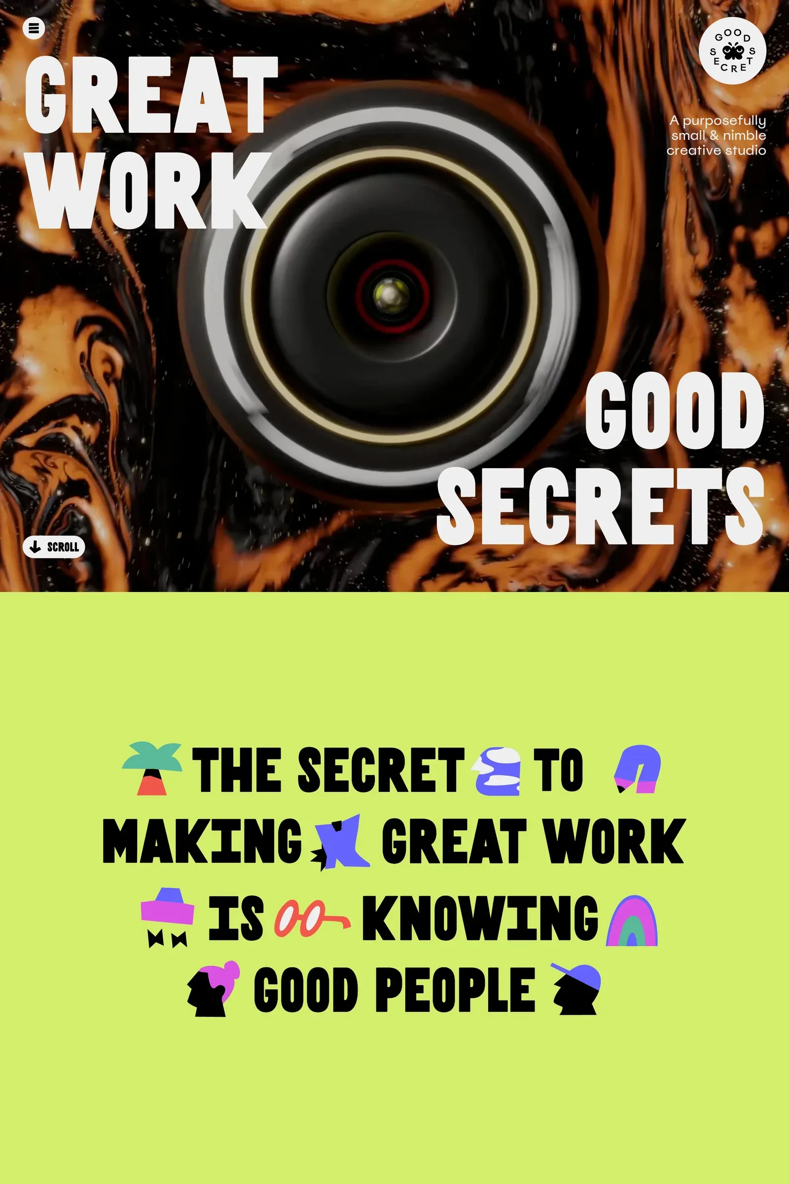 Good Secrets — screenshot of a typographic, fun design agency site in light green and white