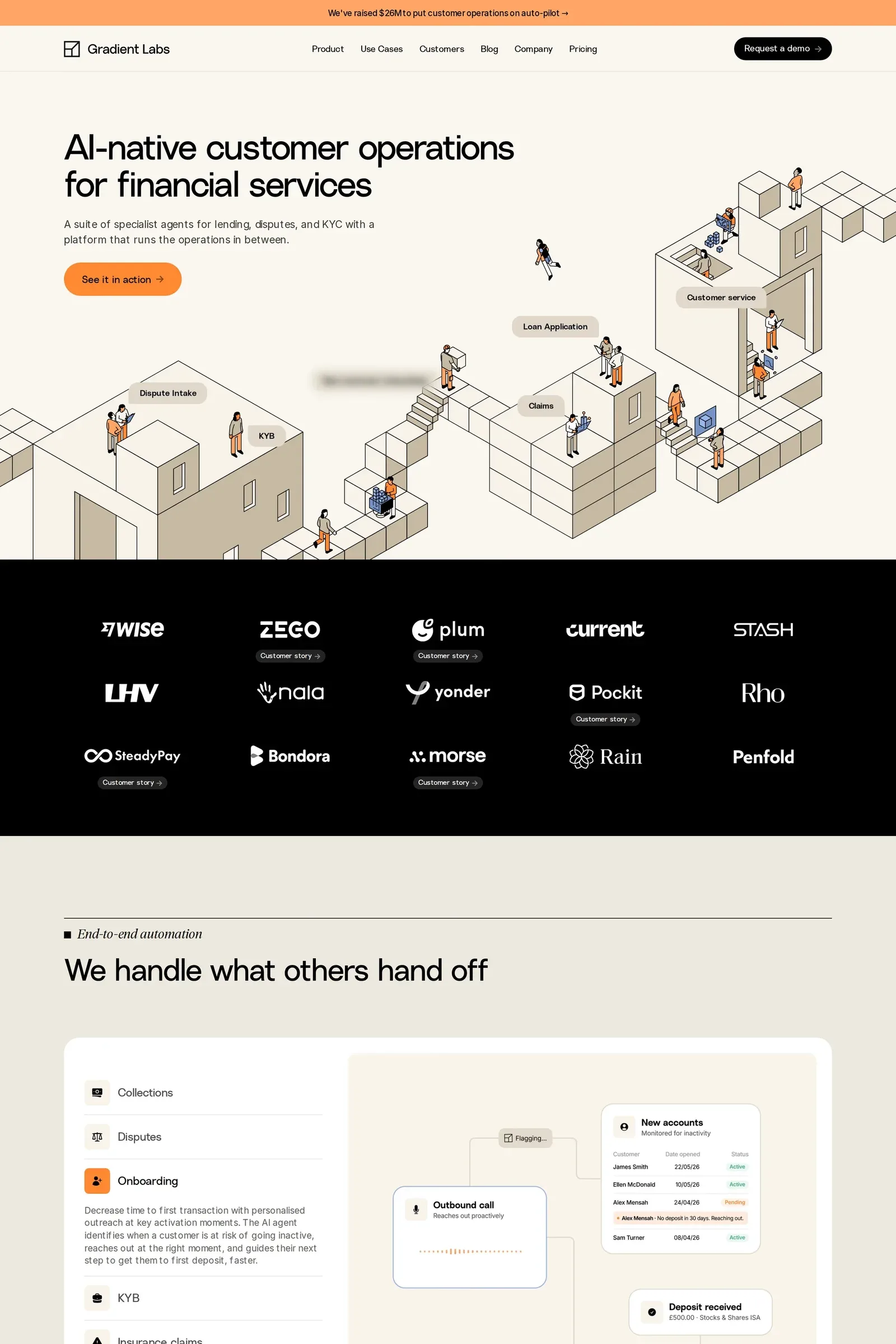 Gradient Labs — screenshot of a minimal AI landing page in beige and orange