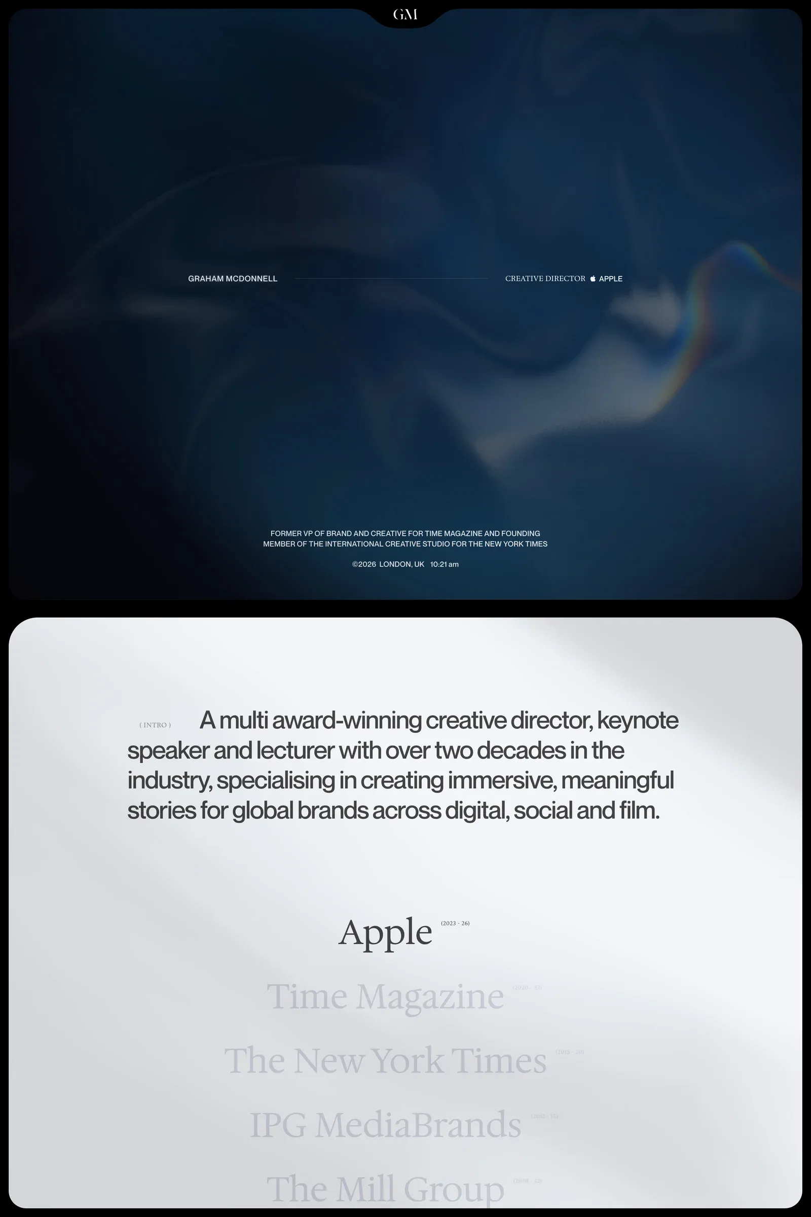 Graham McDonnell — screenshot of a dark, elegant design portfolio site in dark blue and black