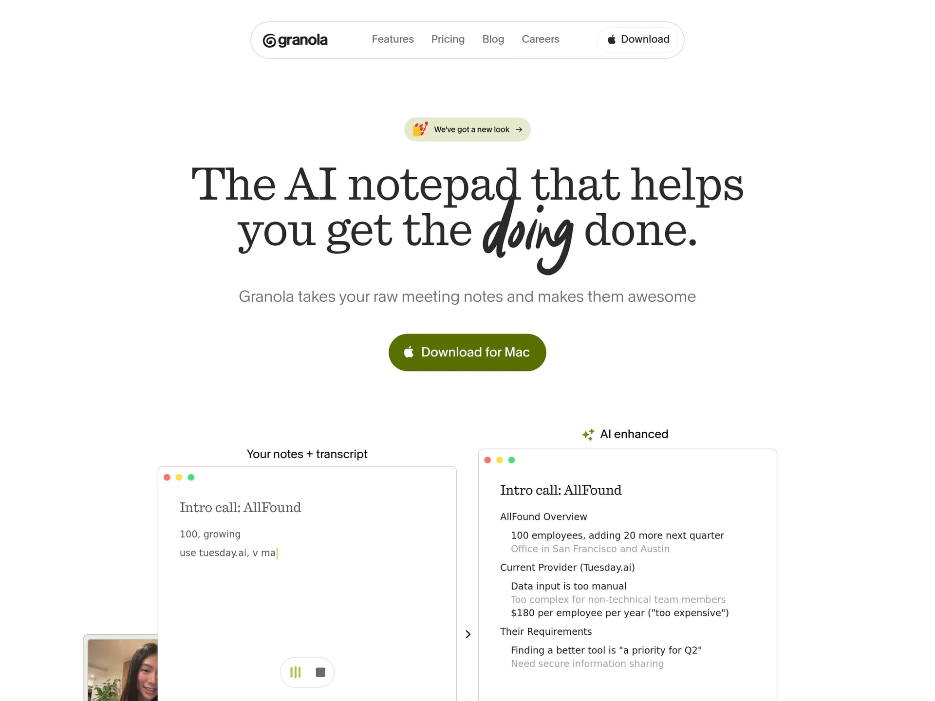 Granola — screenshot of a clean, hand-drawn AI landing page in white and dark green