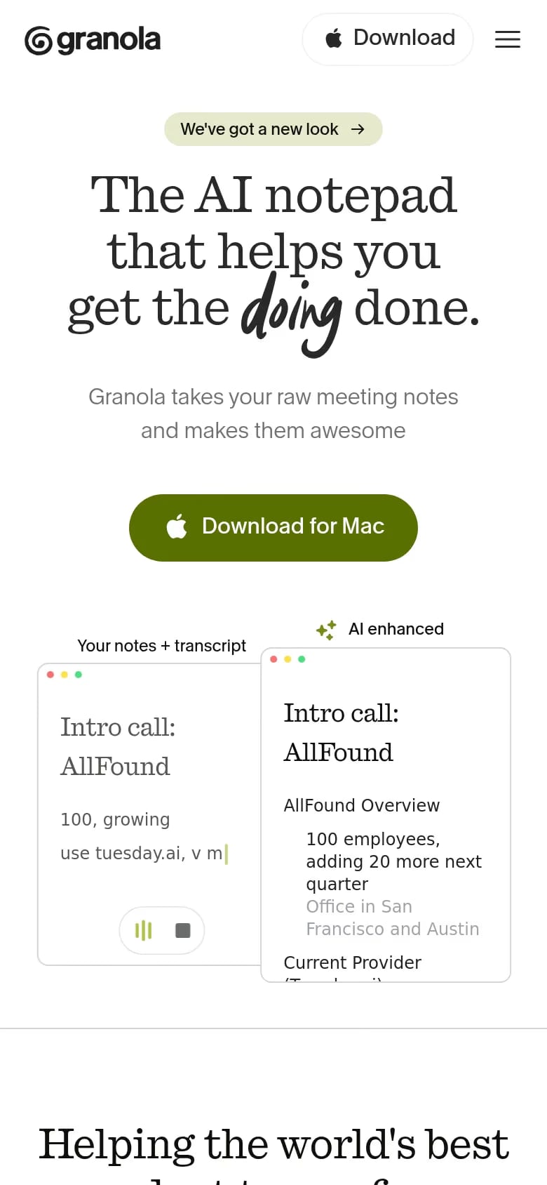 Granola — mobile screenshot of a clean, hand-drawn AI landing page in white and dark green