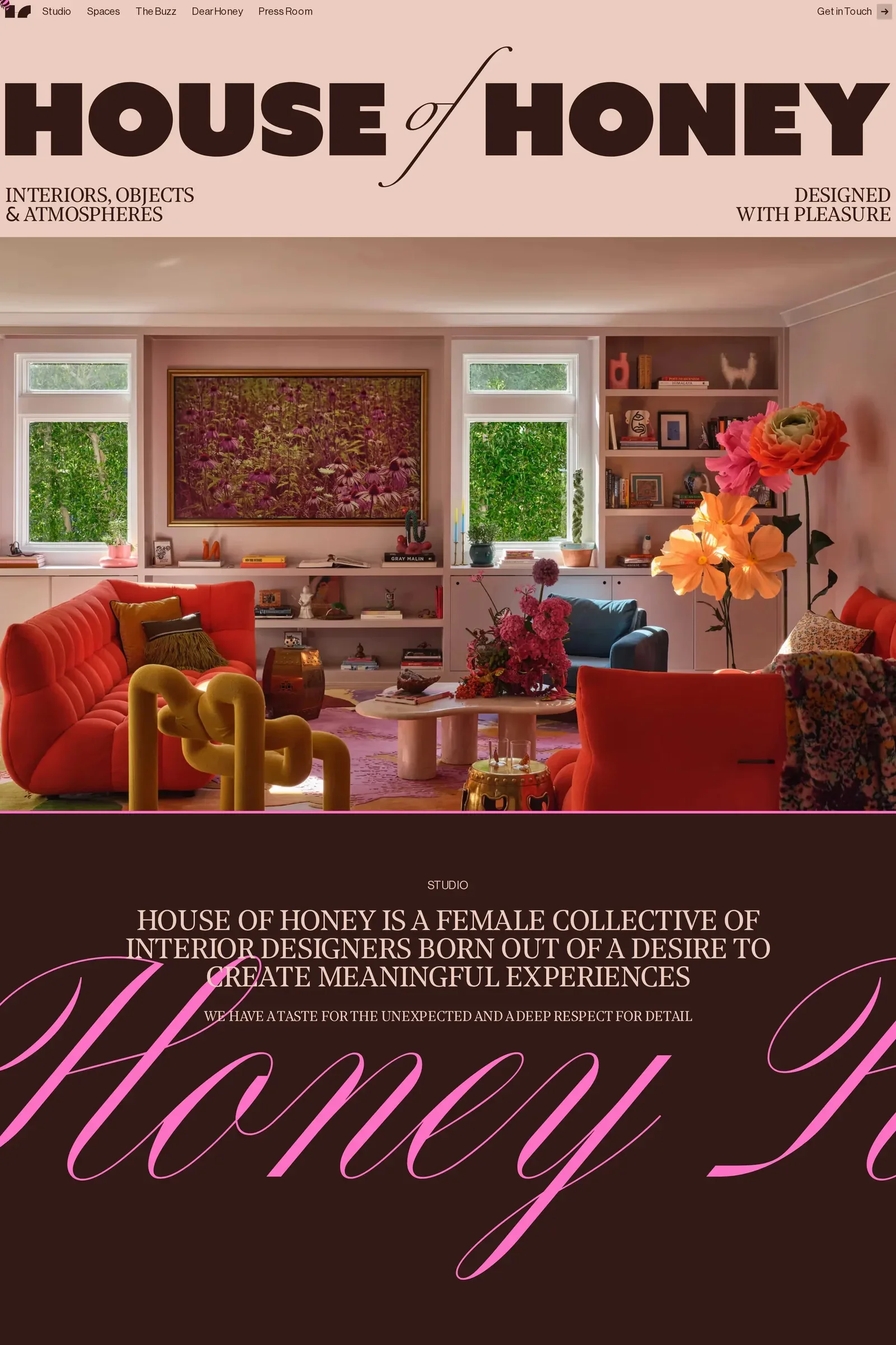 House of Honey — screenshot of a typographic design agency site in light pink and dark brown