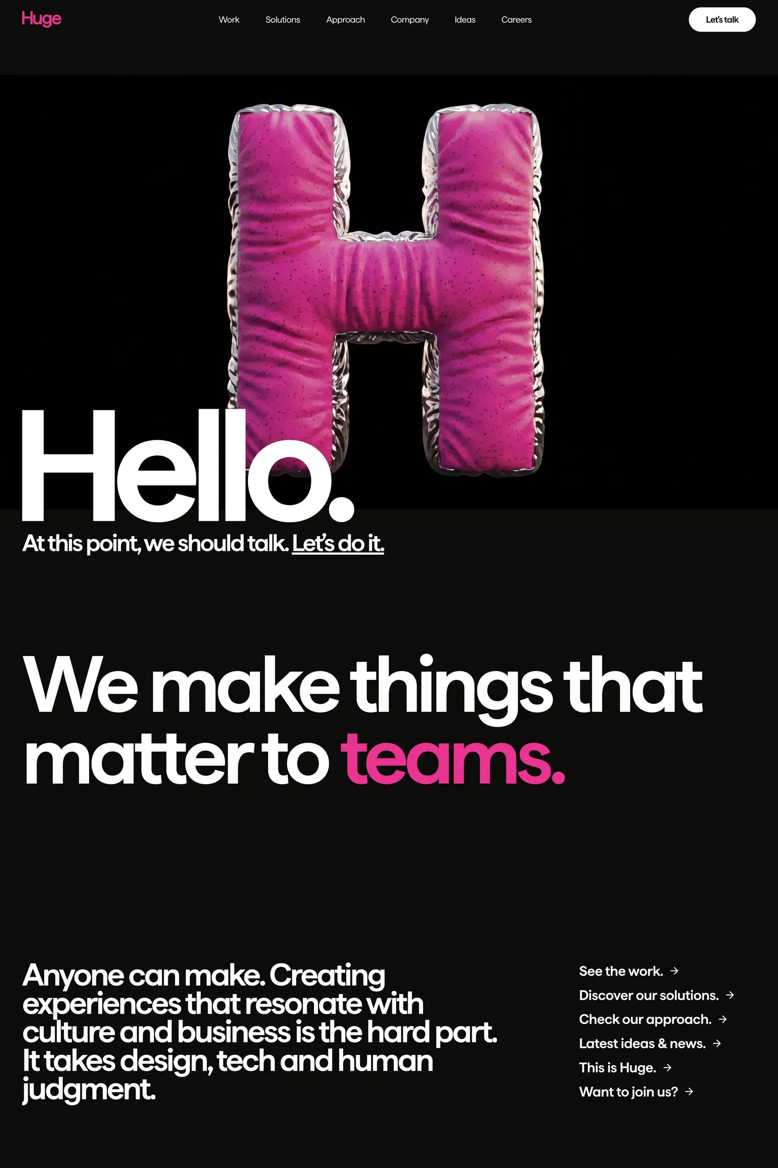 Huge — screenshot of a 3D, dark design agency site in black and pink
