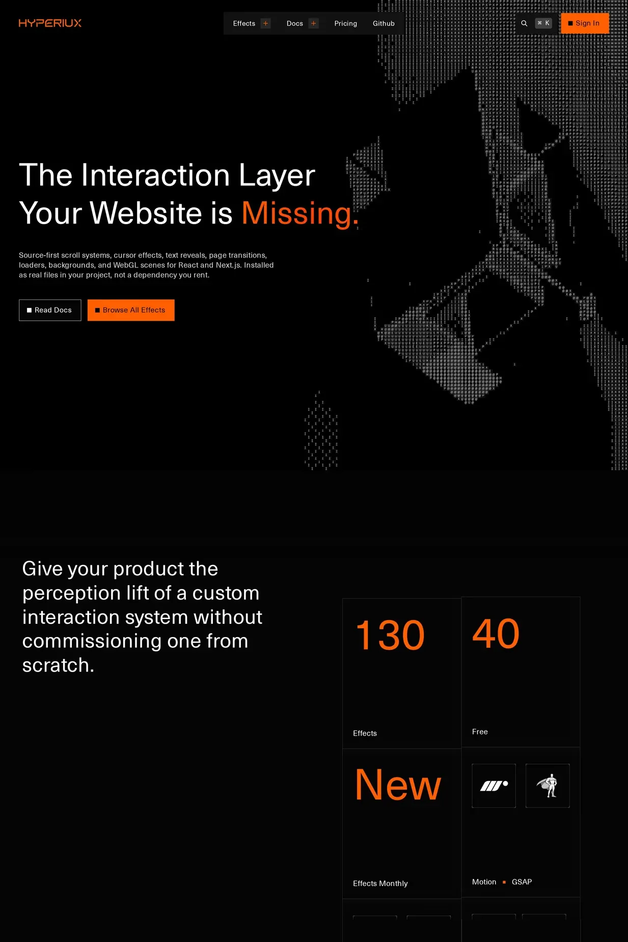 Hyperiux Vault — screenshot of a dark, techy development shop template in black and orange