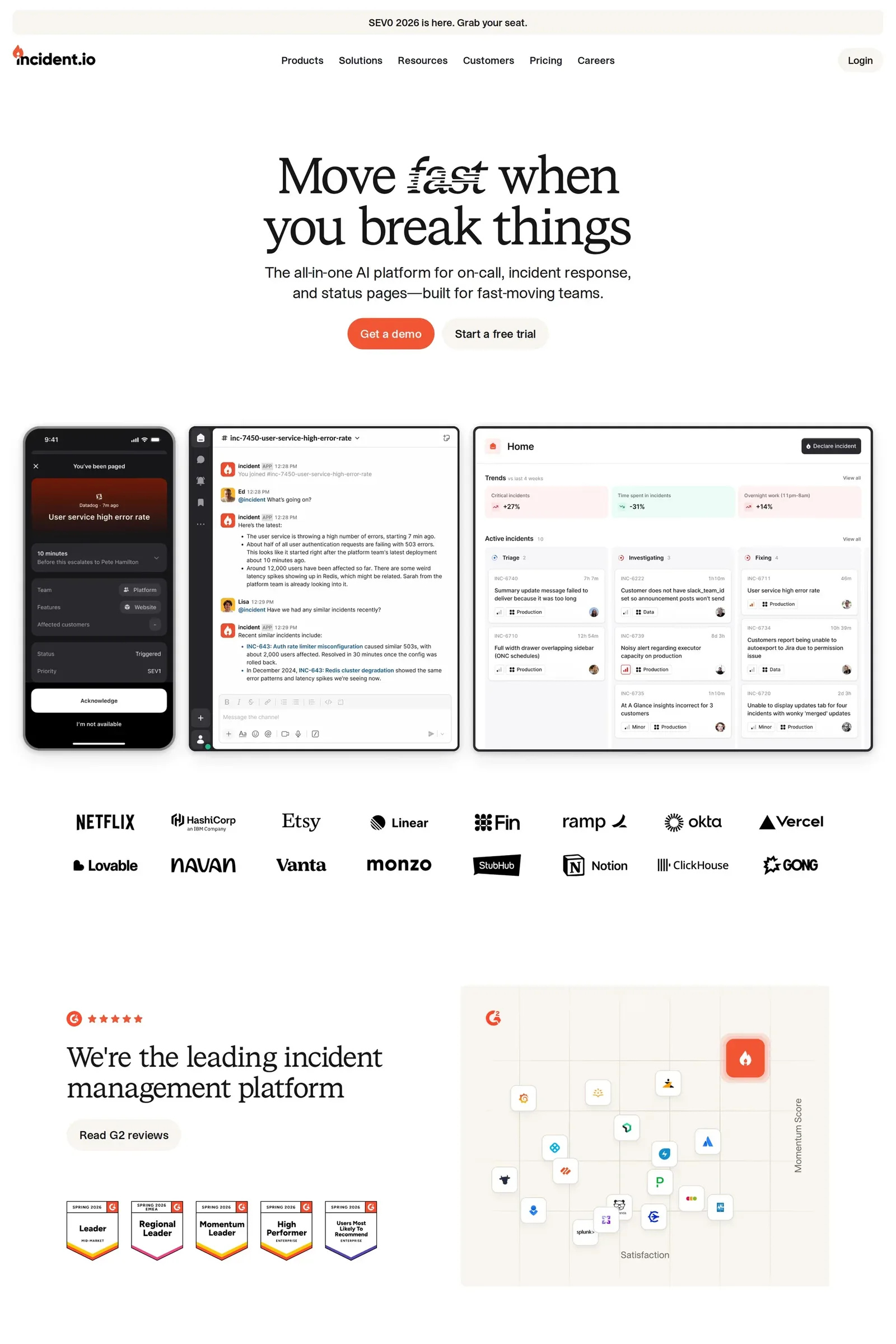 incident.io — screenshot of a minimal software landing page in orange and white