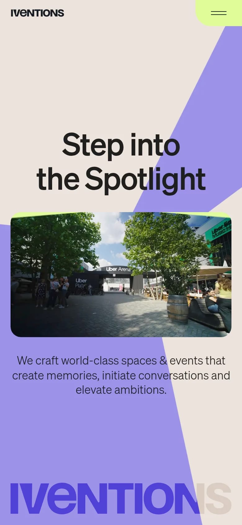 Iventions — mobile screenshot of an events agency site in purple and beige, with sans-serif type and patterns