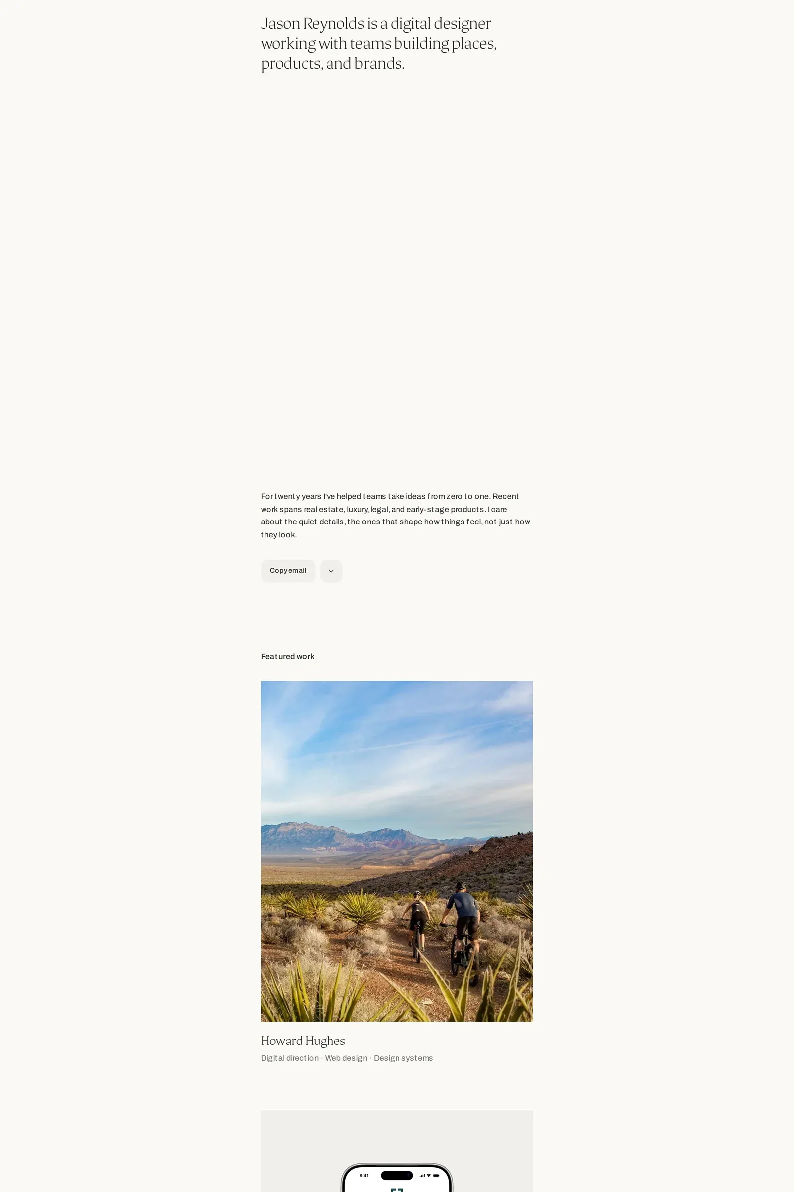 Jason Reynolds — screenshot of a minimal, typographic design portfolio site in cream and dark grey