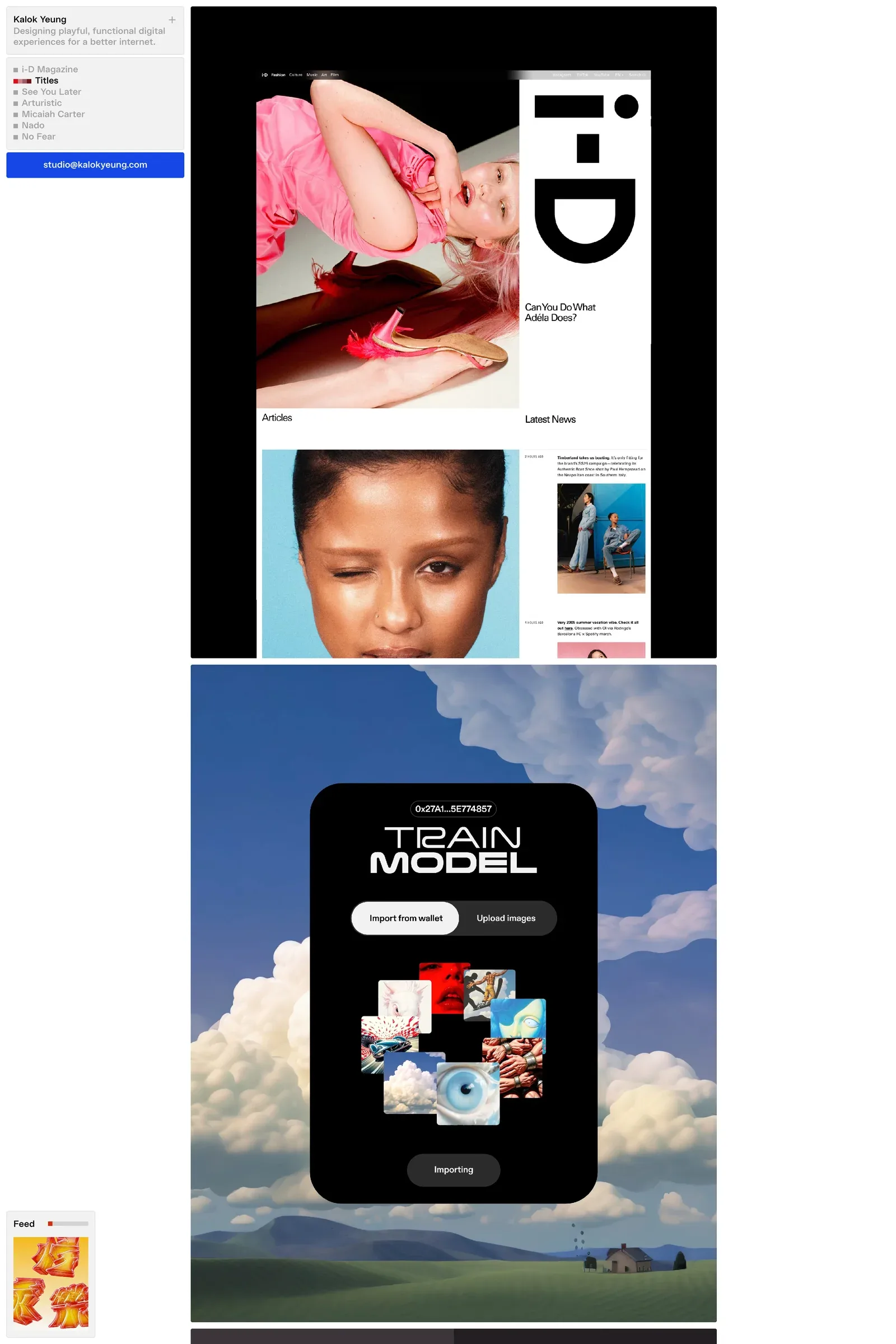 Kalok Yeung — screenshot of an editorial, black-and-white design portfolio site in white and black