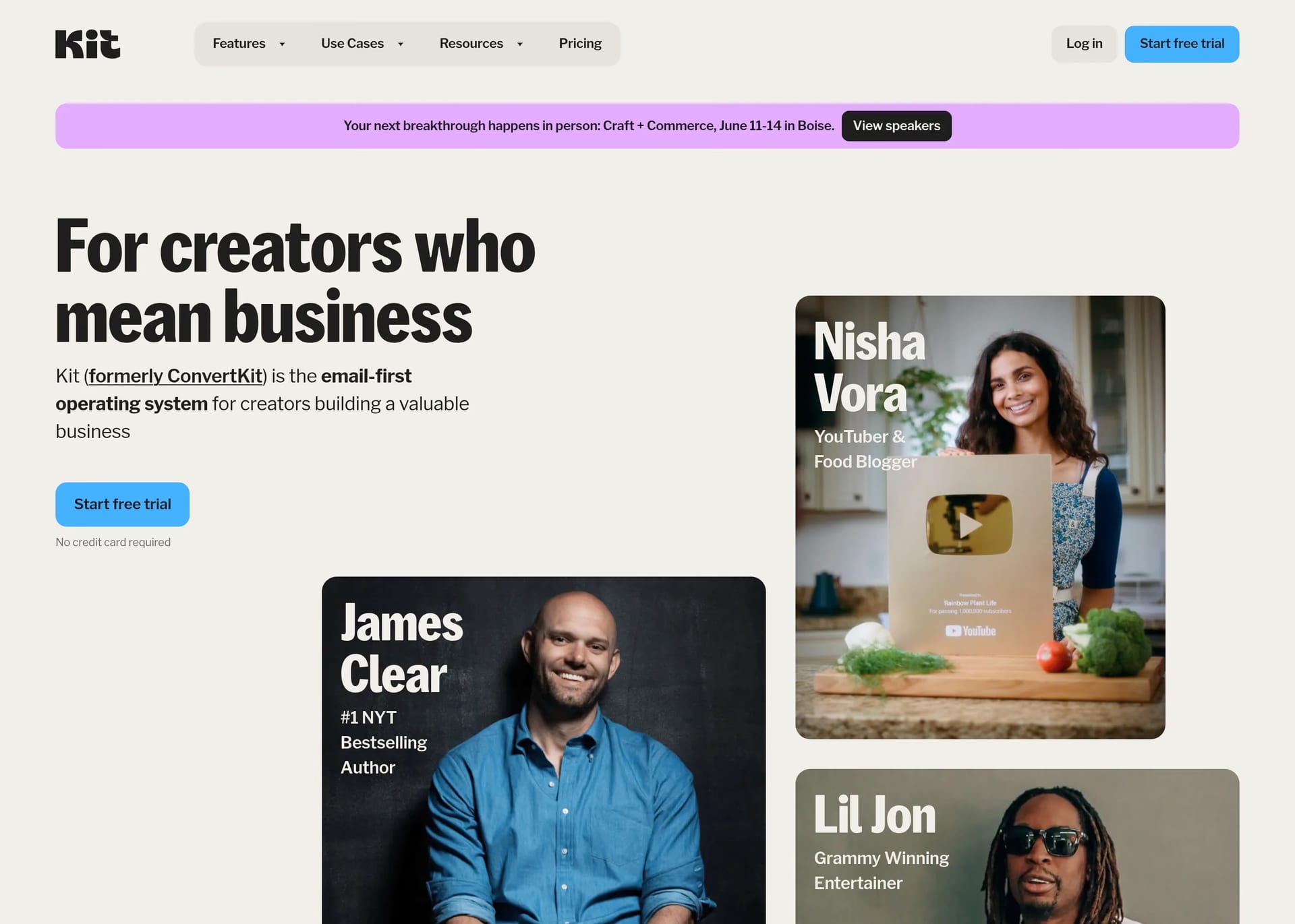 Kit — screenshot of a pastel marketing landing page in light grey and blue