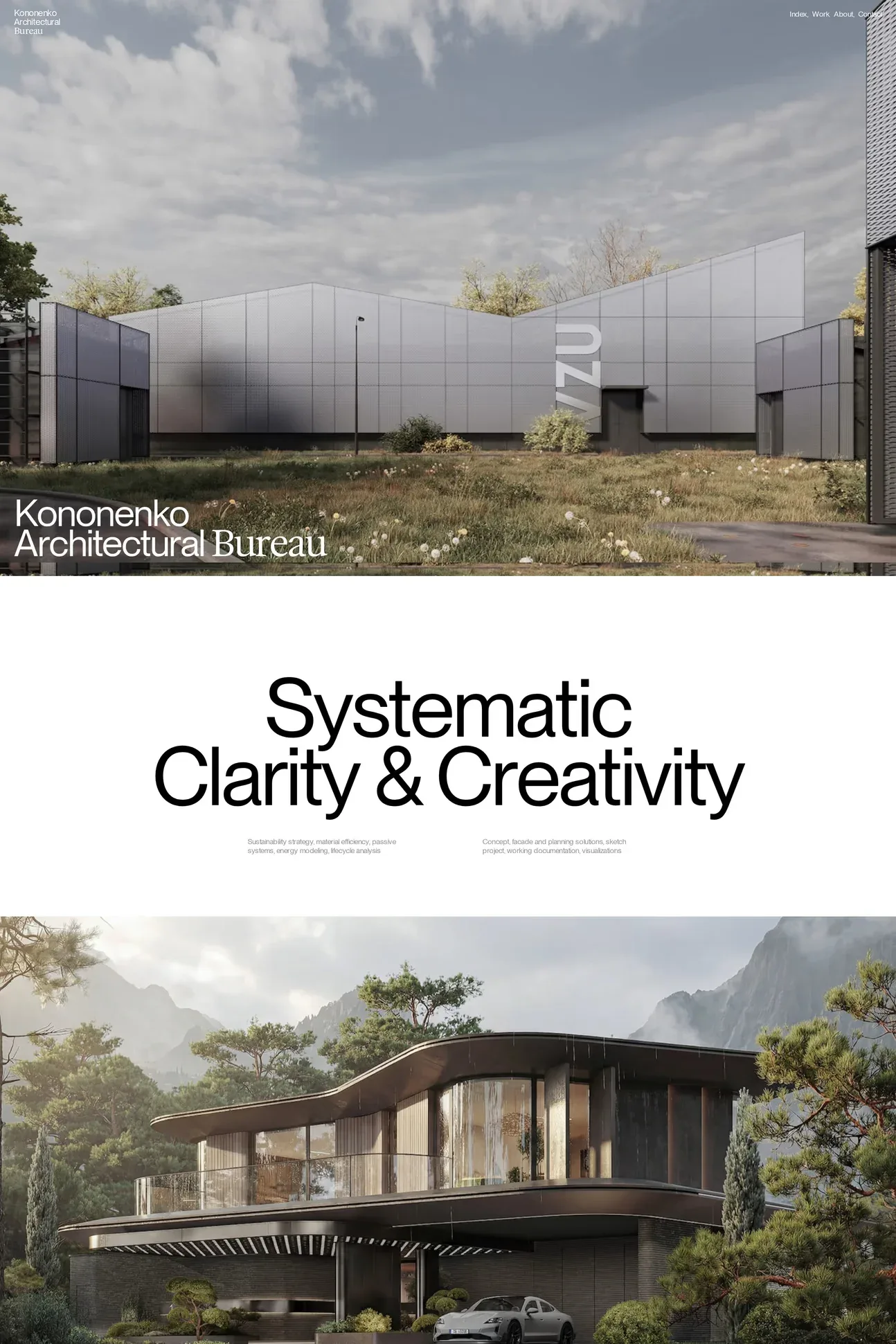 Kononenko Architectural Bureau — screenshot of a typographic, hand-drawn design agency site in white and black