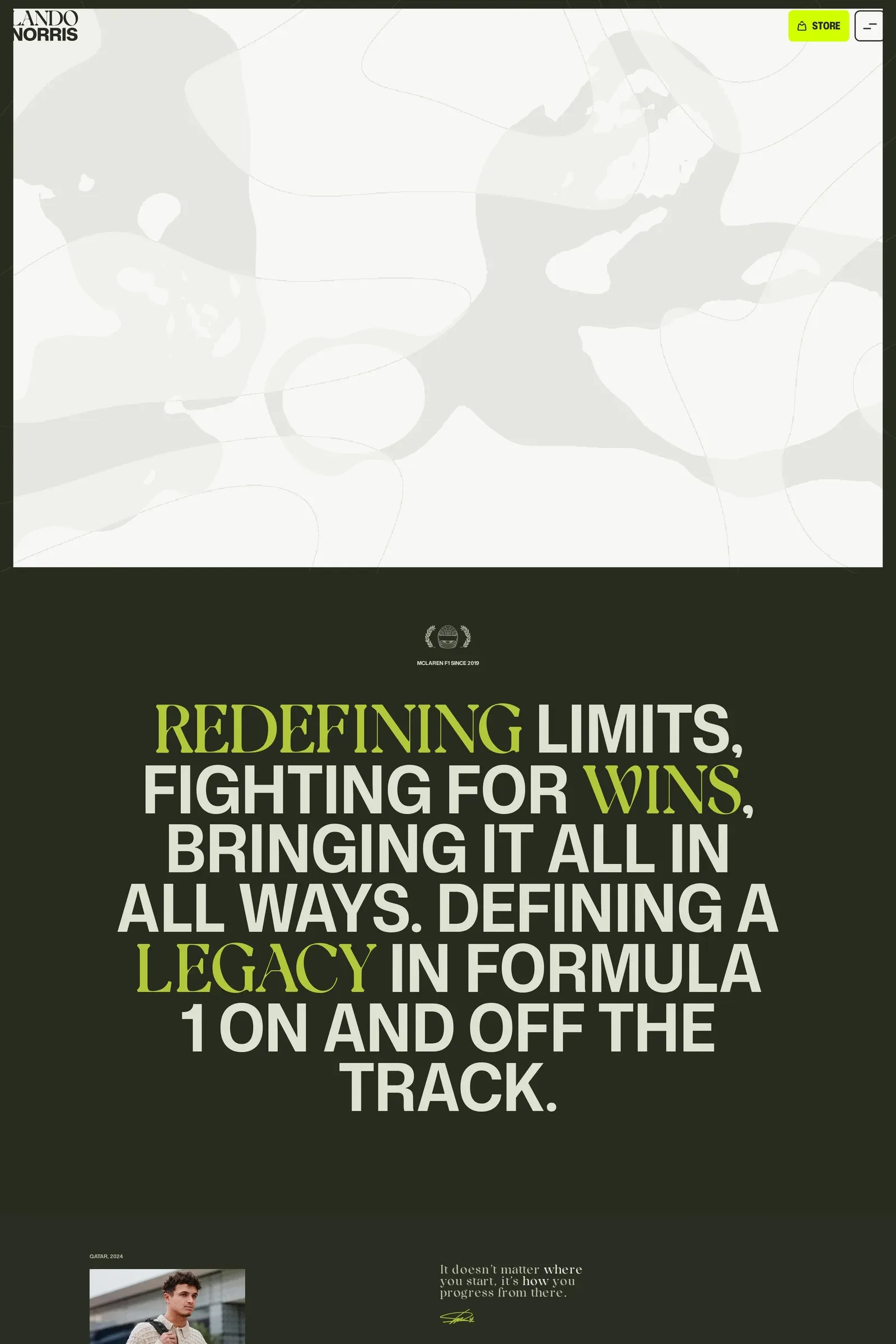 Lando Norris — screenshot of a dark, colourful sports landing page in black and dark green