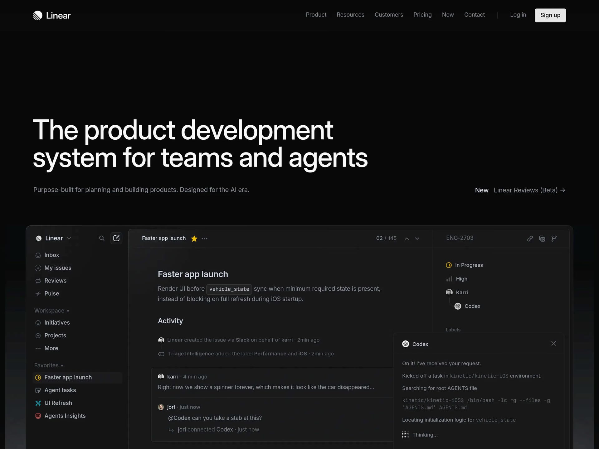 Linear — screenshot of a dark, techy software landing page in black and dark grey