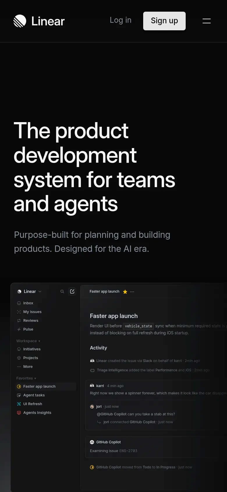 Linear — mobile screenshot of a dark, techy software landing page in black and dark grey