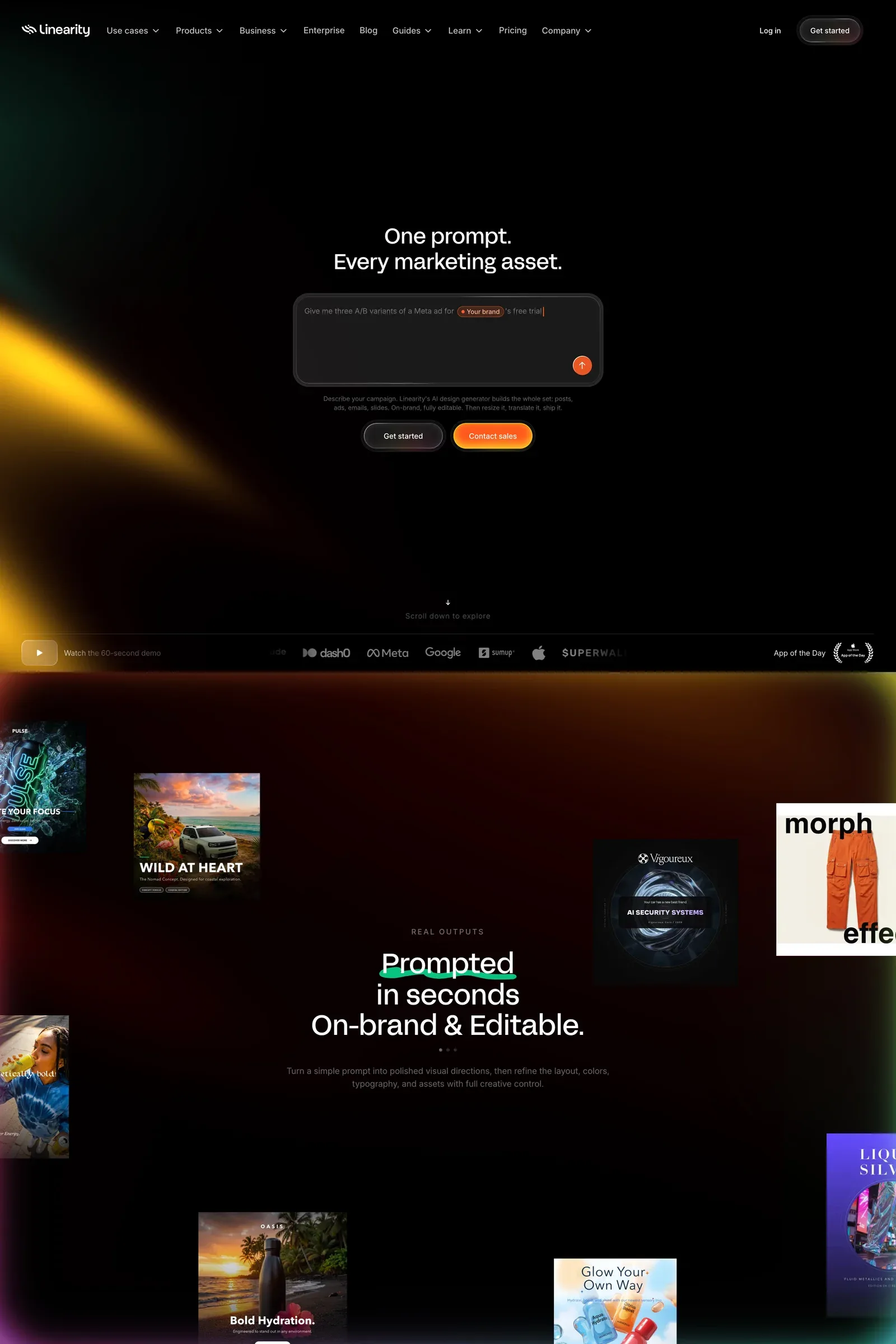 Linearity — screenshot of a dark, typographic AI landing page in black and orange
