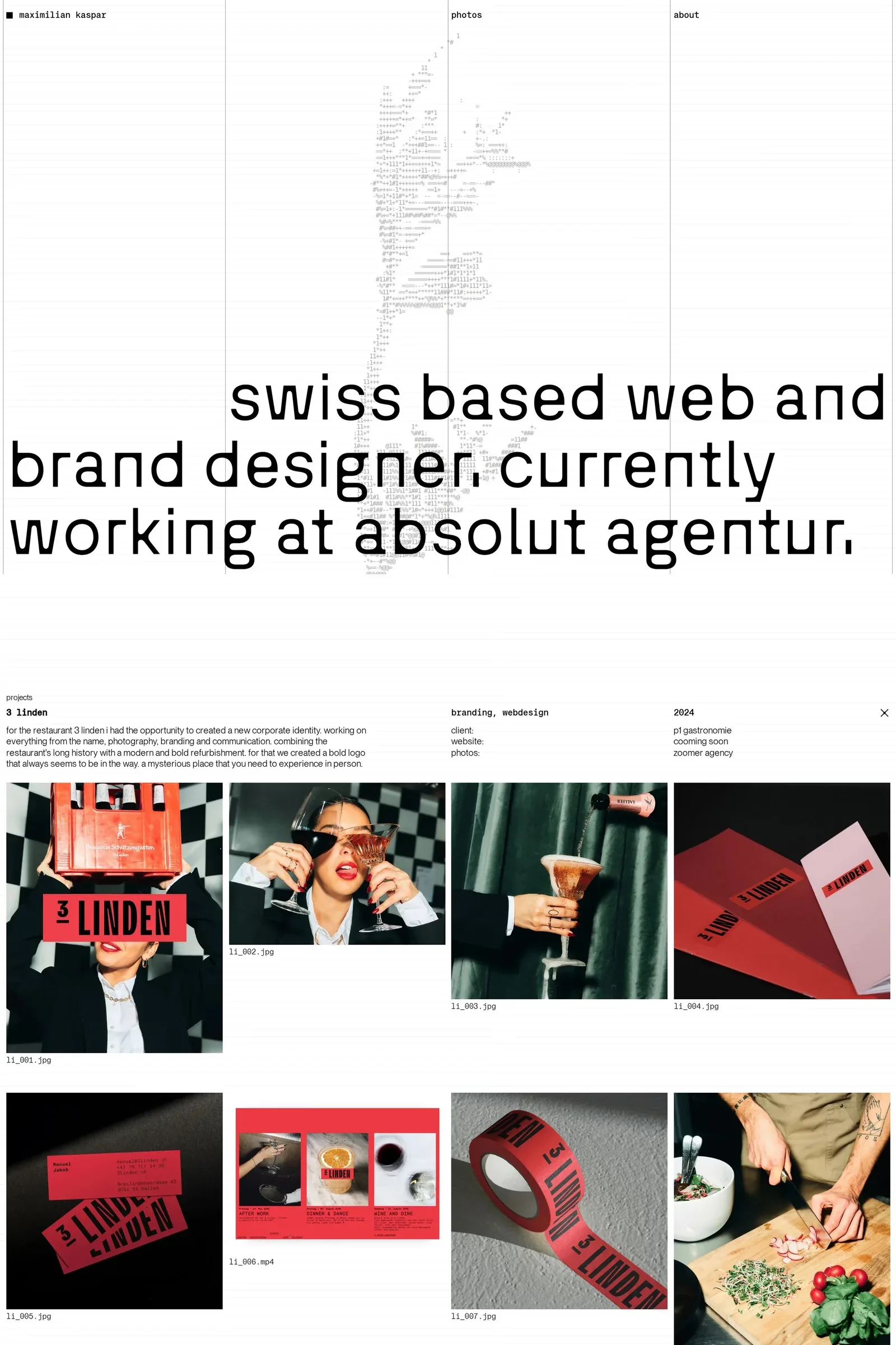 Maximilian Kaspar — screenshot of a typographic design portfolio site in white and black