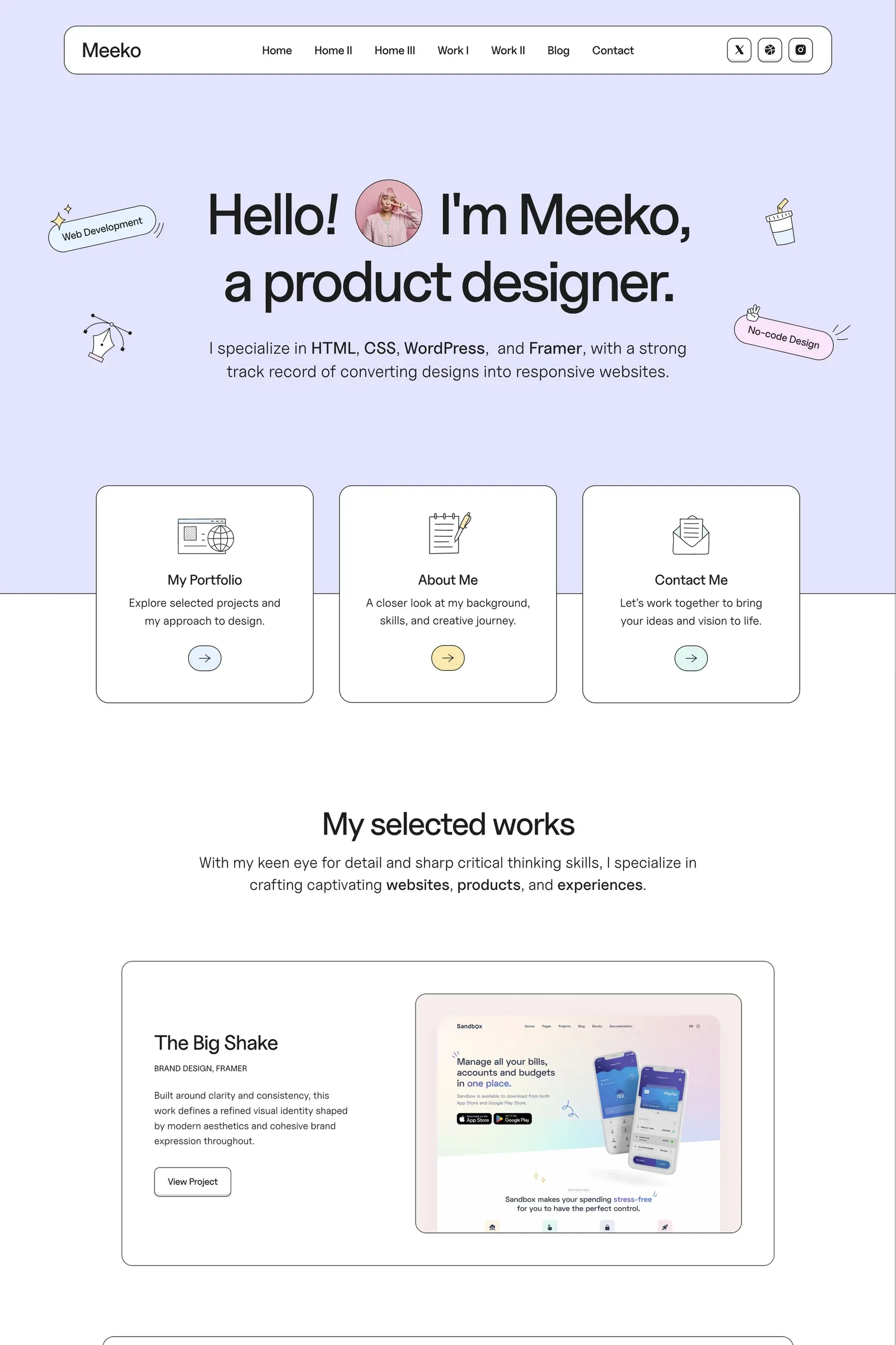Meeko — screenshot of a pastel, fun design portfolio template in light purple and white