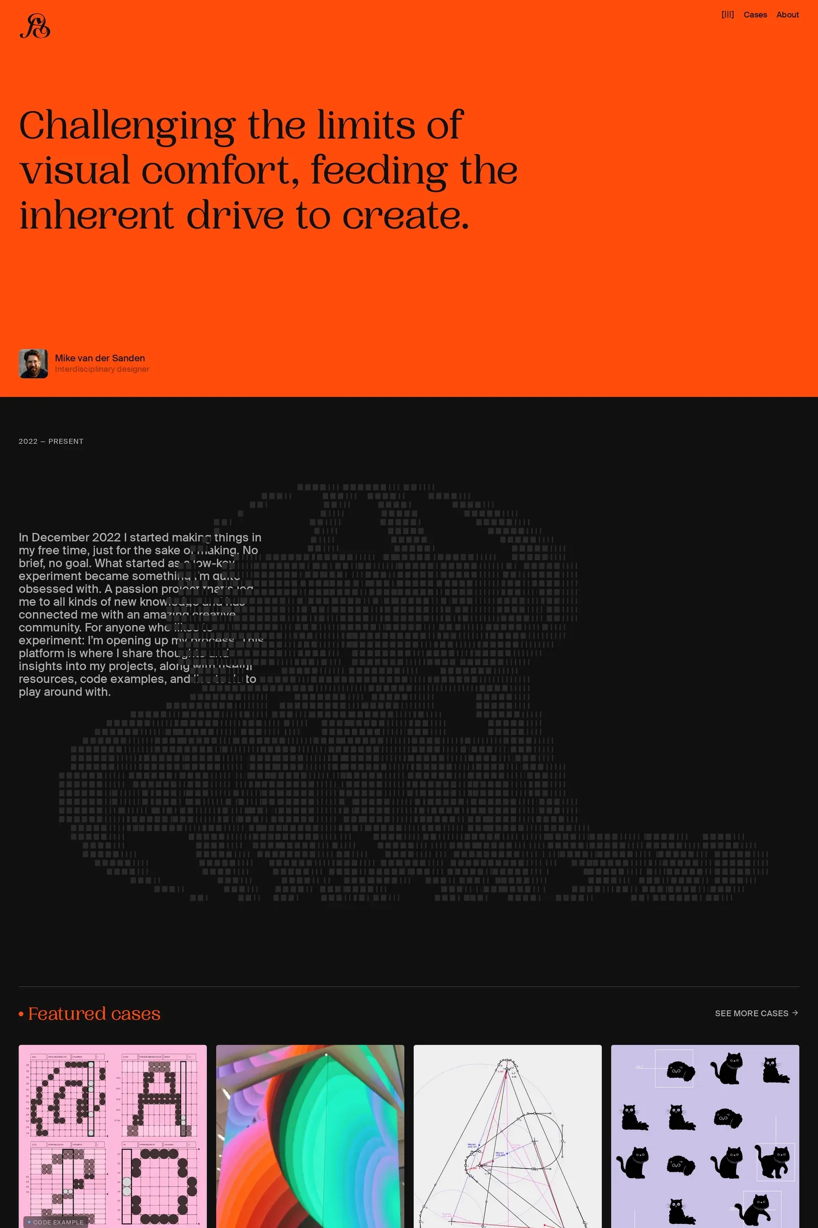 Mike van der Sanden — screenshot of a minimal, noisy design portfolio site in red and black