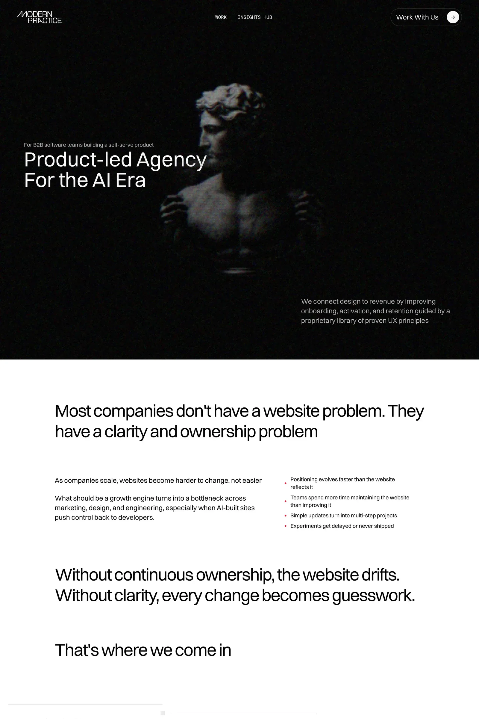 Modern Practice — screenshot of a dark, typographic design agency site in black and white