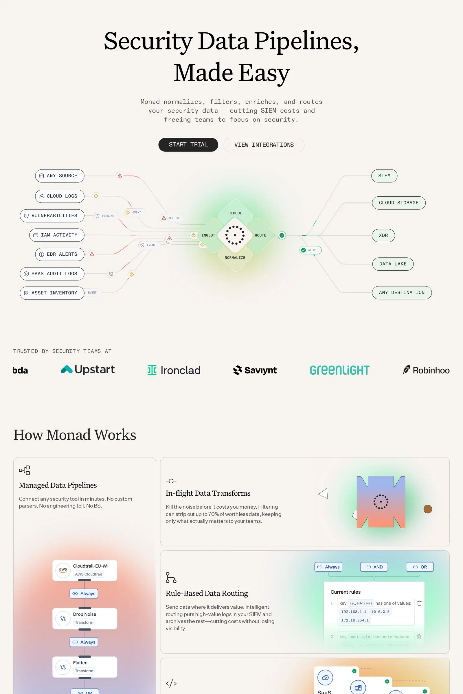 Monad — screenshot of a minimal, light technology landing page in grey and white